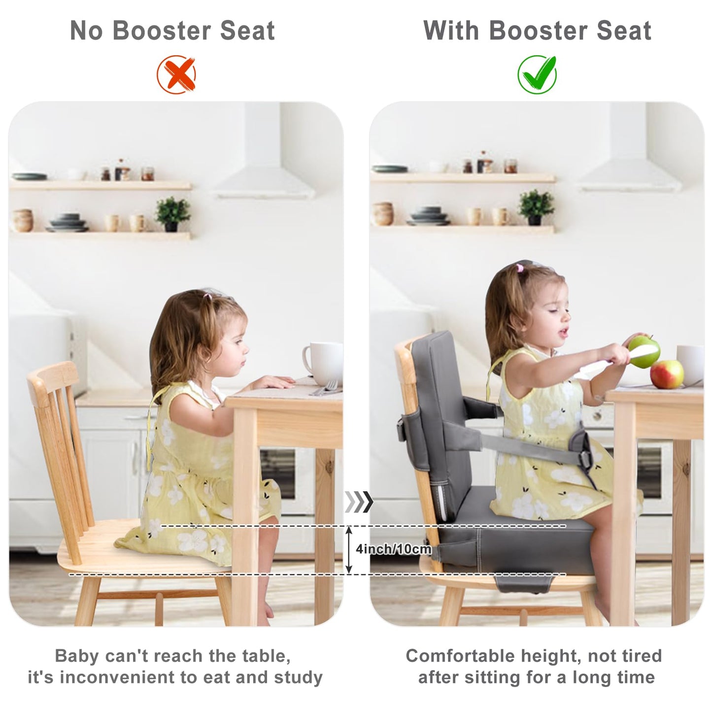 TOTIDYH Toddler Booster Seat for Dining Table, Non-Slip Kitchen Chair Booster Cushion with Backrest and Adjustable Straps, Portable PU Waterproof Travel Baby Booster Increasing Cushion, Dark Grey