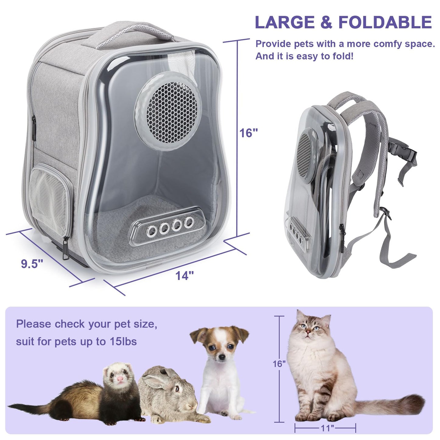 Ownpets Cat Backpack Carrier, Breathable Bubble Pet Backpack for Cats and Small Dogs up to 15lbs, Transparent & Foldable Pet Carrier for Travel, Hiking, and Outdoor Adventures