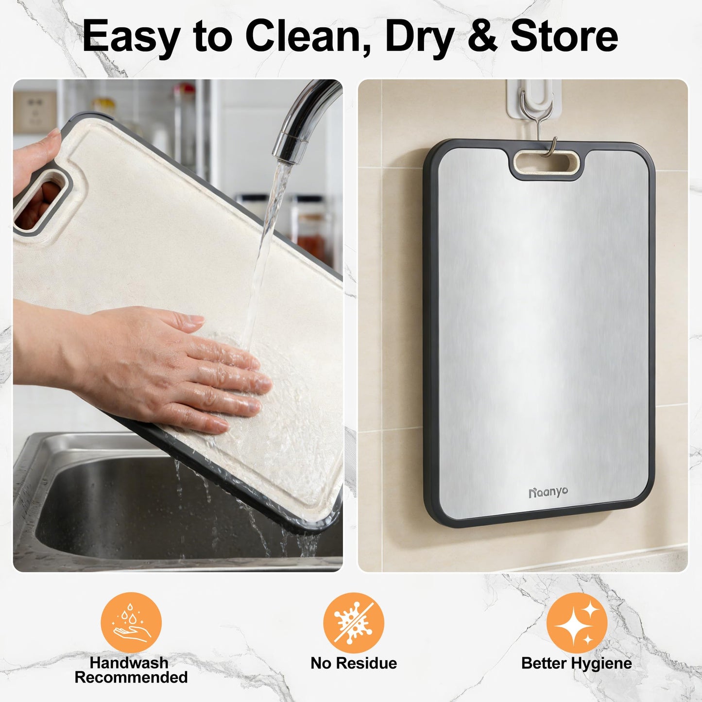 Naanyo Titanium Cutting Board for Kitchen – Food Grade Pure Titanium, Non-Porous & Easy to Clean, 2-in-1 Chopping Board for Meat, Vegetables & Fruit, Large 16”×11”