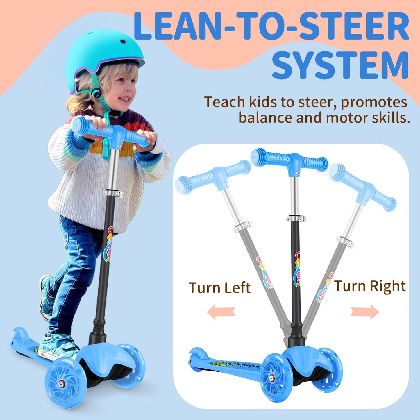 BELEEV A1 Scooter for Kids Ages 2-6, 3 Wheel Kick Scooter for Toddlers Girls Boys, 4 Adjustable Height, Lean to Steer, Light up Wheels, Wide Deck, Easy to Assemble, Lightweight Scooter for Children