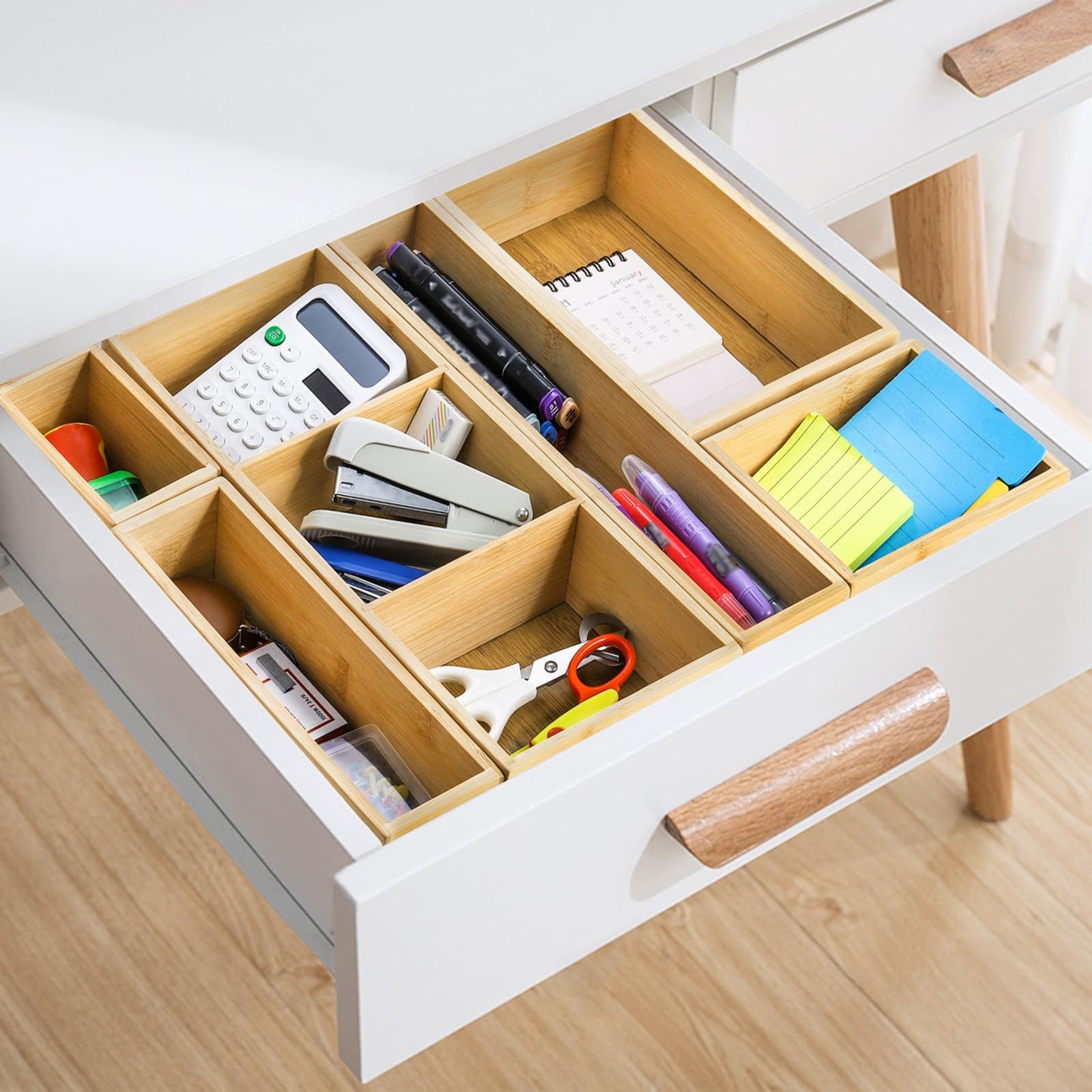 YOUEON Set of 6 Bamboo Drawer Organizers with Dividers Adjustable Multipurpose Storage Tray and Drawer Insert Box Bamboo Storage Boxes Divider Make-up Organiser for Home Office Kitchen Bedroom Desk