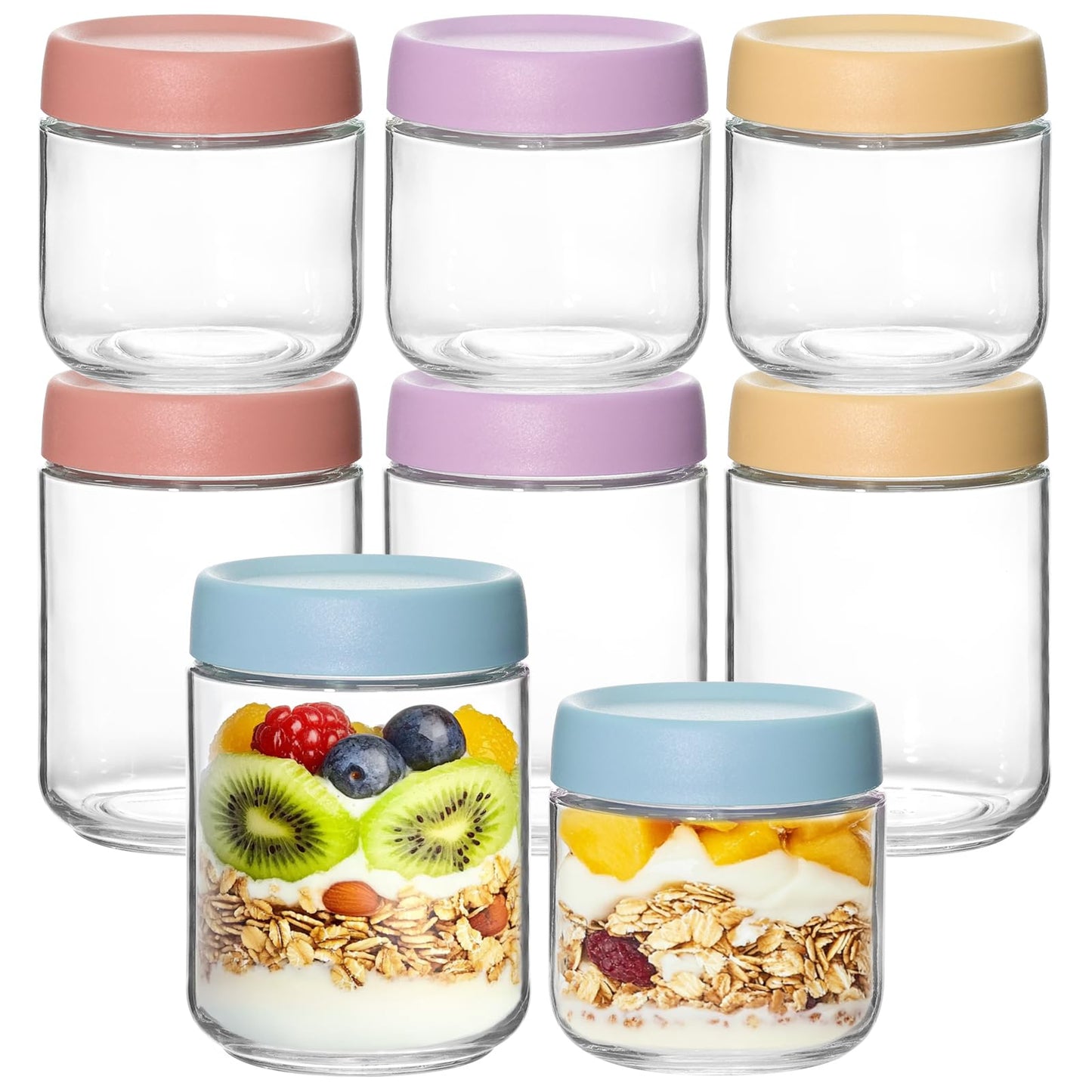 KEYWING 8 Pack Overnight Oats Containers With Lids, 16oz +10oz Wide Mouth Mason Jars with Airtight Lids, Meal Prep Containers Food Storage Glass Jars in Bulk for Snack Yogurt Parfait Spice Sugar