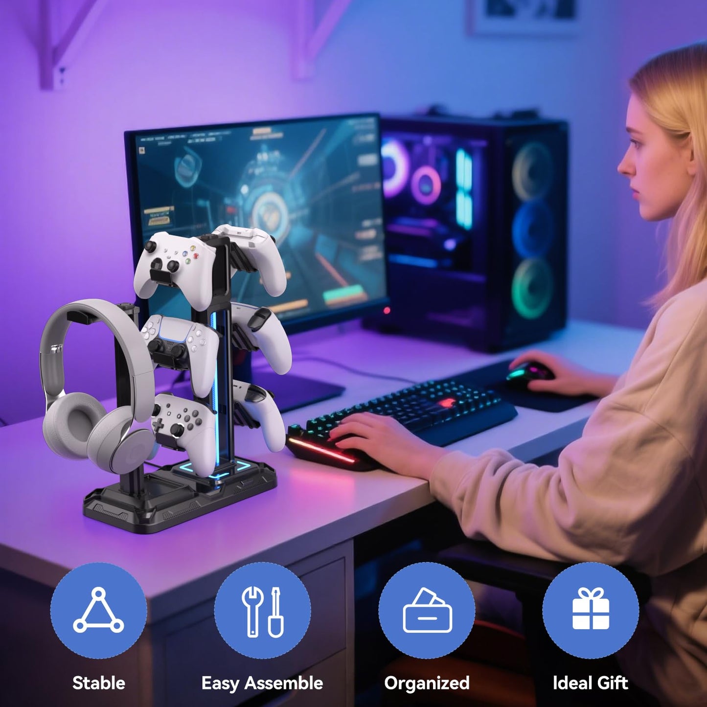 KDD RGB Multi-Controller Holder with 9 Light Modes - Rotatable Universal Headphone Hanger - Controller Stand with 6 Detachable Hooks for Desktop Gamer Accessories