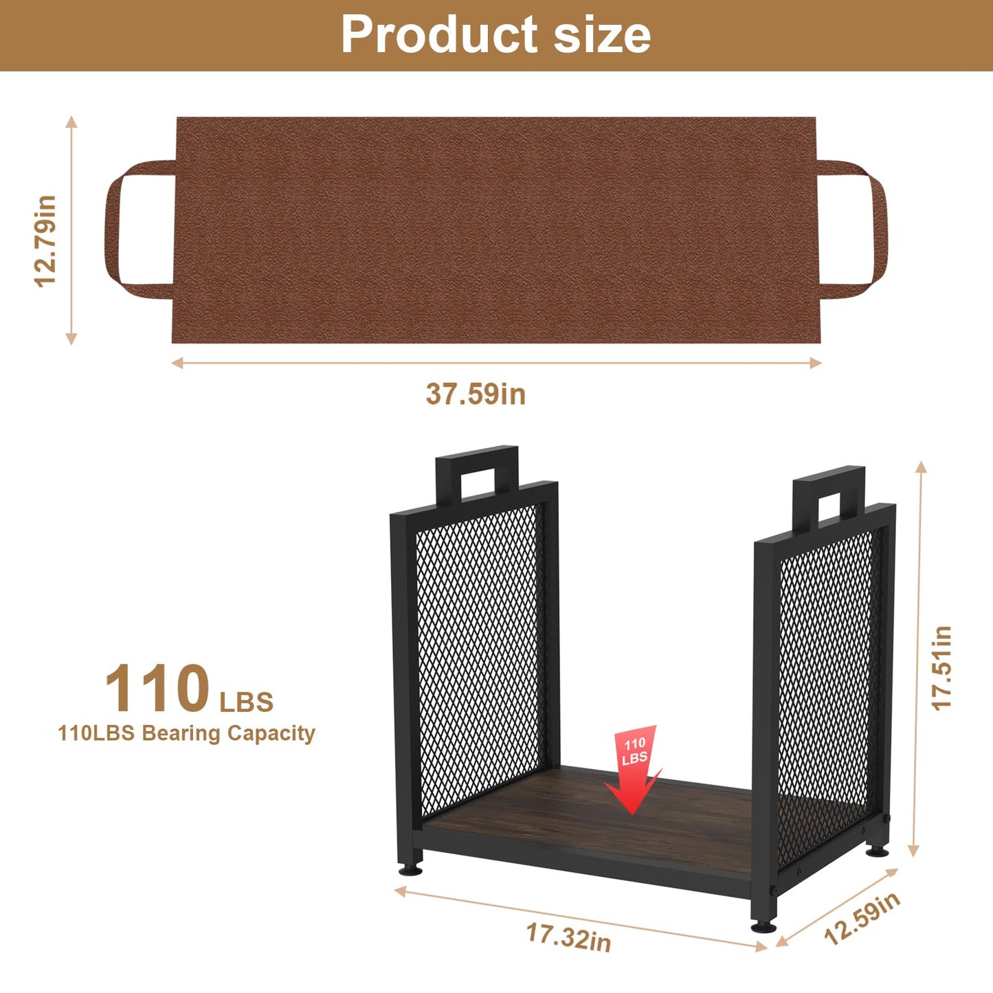 Firewood Rack for Indoor Heavy Duty Fire Wood Racks Holder, 17.32" Metal Wood Storage Log Holder with Leather Carrier, Small Firewood Stand for Fireplace Patio Deck, Black