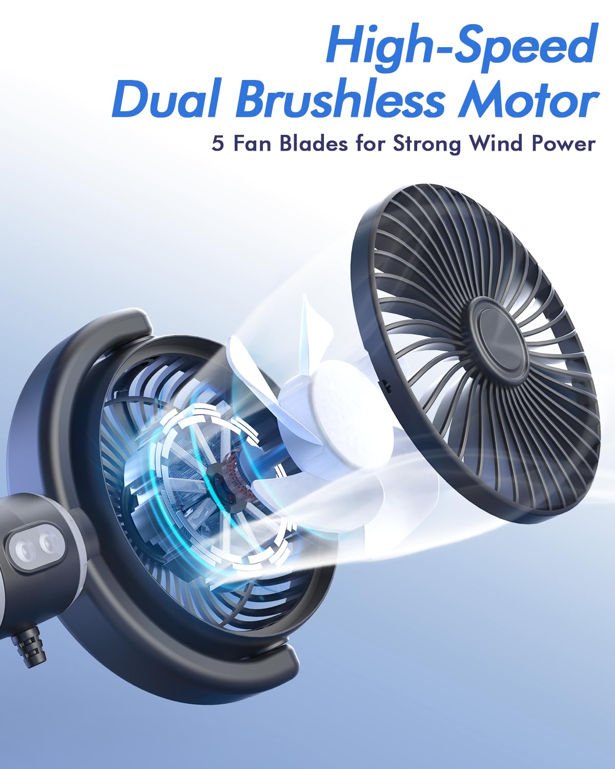 Dual Head Car Fan for Backseat: USB Powered Car Cooling Fans for Baby 3 Speeds 360°Rotatable Quiet Vehicle Rear Seat Headrest Fans 5V for Sedan SUV RV Truck (Black+Grey)