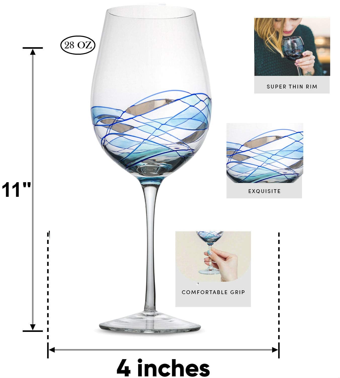 Bezrat Red Wine Glasses Set of 2, Hand Painted Wine Glass, Drinkware Essentials, 11" H, 28oz Wine Lover Large Glass, Glassware Gifts Ideas for Women Inspired by 'Duomo di Milano' Mothers Day (Blue)