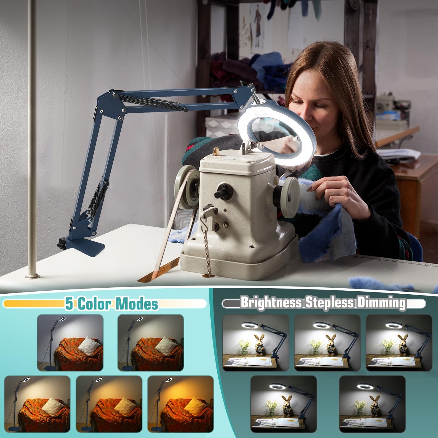 10X Magnifying Glass with Light and Stand, 3-in-1 Adjustable Swivel Arm LED Magnifying Floor Lamp, 5 Color Modes Brightness Stepless Dimming Lighted Magnifier Hands Free with Clamp for Crafts - Blue