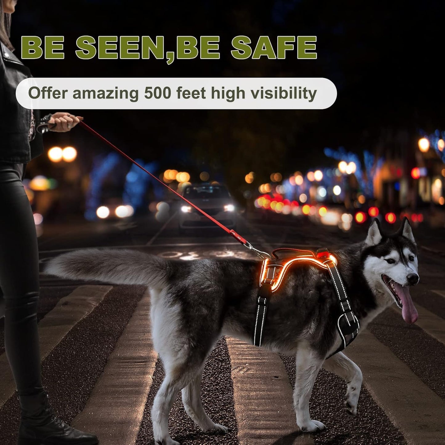 BiPawTi Light Up Dog Harness No Pull, LED Dog Harness Rechargeable/Reflective/4 Point Adjustable/High Visibility Lighted, Glowing Pet Vest Harness for Night Walking - Orange, XL