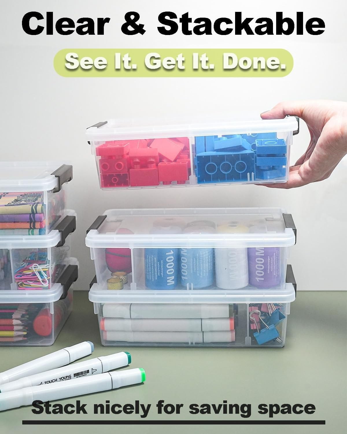 GEOPHIA 12 Pack Extra Large Pencil Box with Removable Dividers, Thickened Plastic Pencil Case Bulk, Clear Crayon Storage Box Stackable Marker Organizer Containers for Pen, Craft, Art (12 Pack)