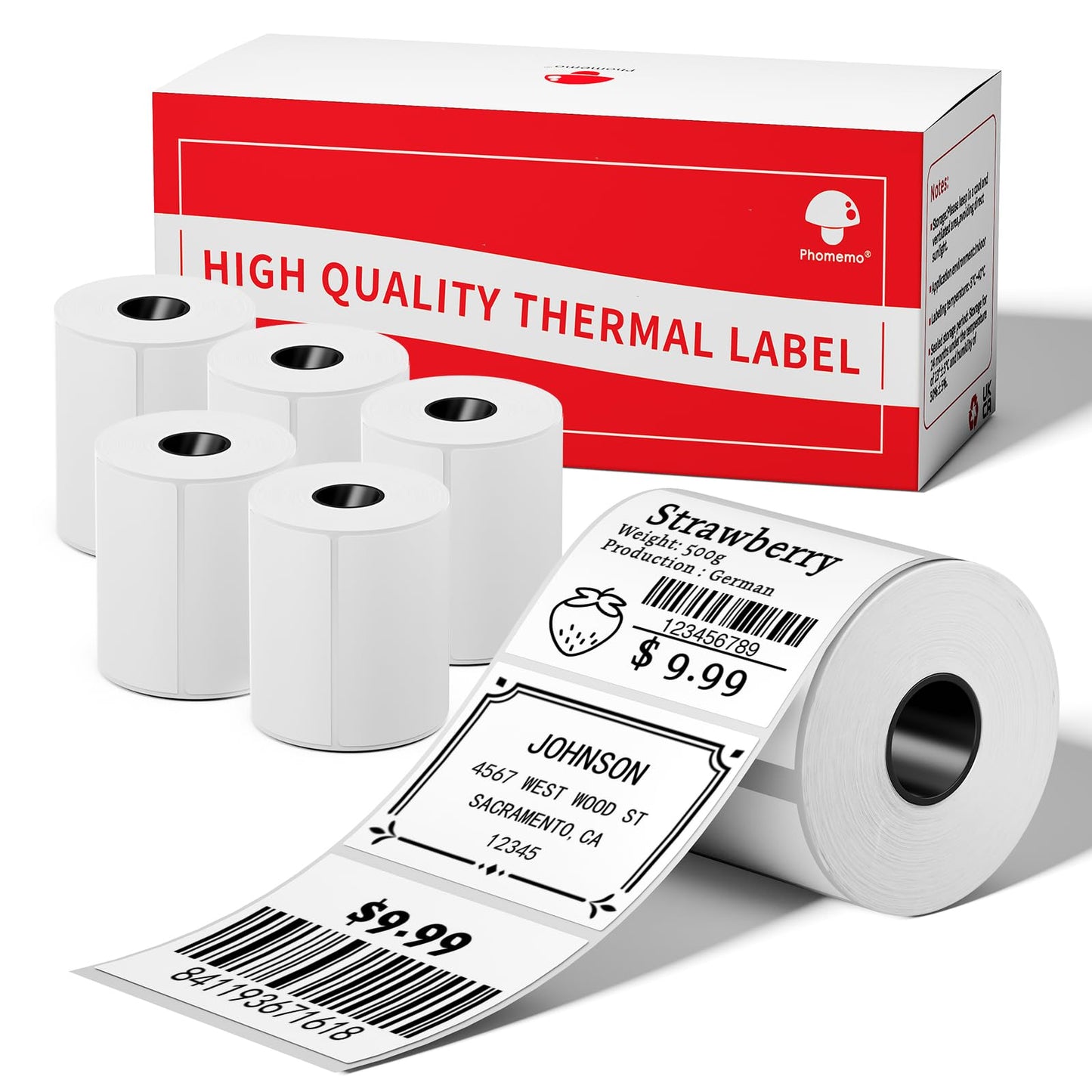 [6x230 pcs] Phomemo Labels Square Series, 1.57''x1.18'' (40x30mm) M110/ M220/ M221/ M120/ M200 Labels, White, 230 Labels/Roll, 6 Rolls, Multi-Purpose Adhesive Thermal Phomemo Original Labels