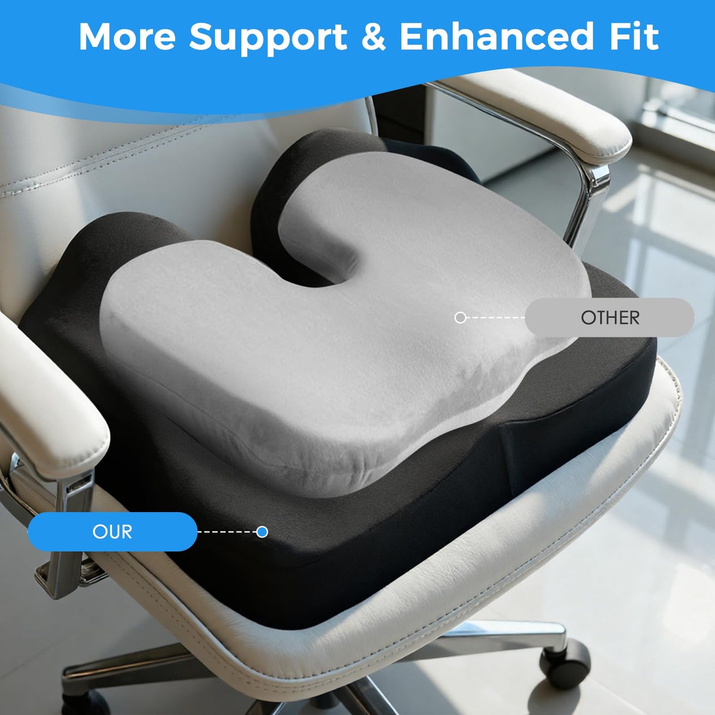 Memory Foam Seat Cushion – Tailbone & Lower Back, Coccyx Support, Office Chair & Car Seat Cushion, Travel & Wheelchair Pad, Breathable, Non-Slip Pressure Ease & Posture Support