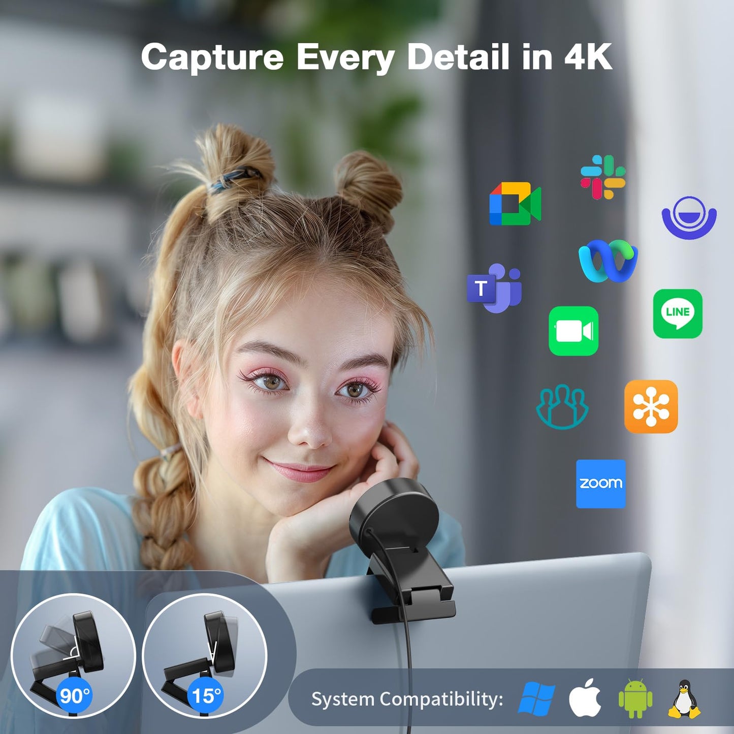 EMEET C950 4K Webcam for PC - 8 Megapixels 4K UHD, PDAF Autofocus, Noise-Canceling Mic, 70° FOV, 1080P@60FPS, Privacy Cover, USB 2.0 Plug&Play, Ideal PC Camera 4K for Zoom/Teams/Skype/Google Meet