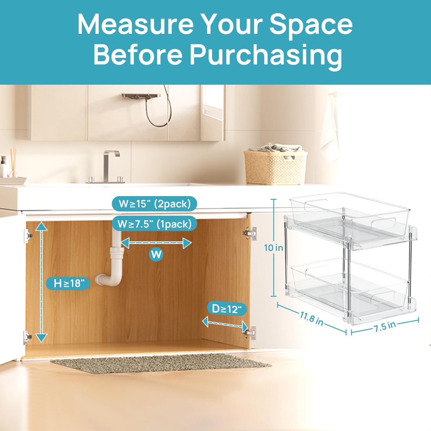 2 Tier Bathroom Storage Organizer, Vtopmart 2 Pack Clear Under Sink Organizers Vanity Counter Storage Container, Medicine Cabinet Drawers Bins, Pull-Out Organization with Track for Pantry, Kitchen