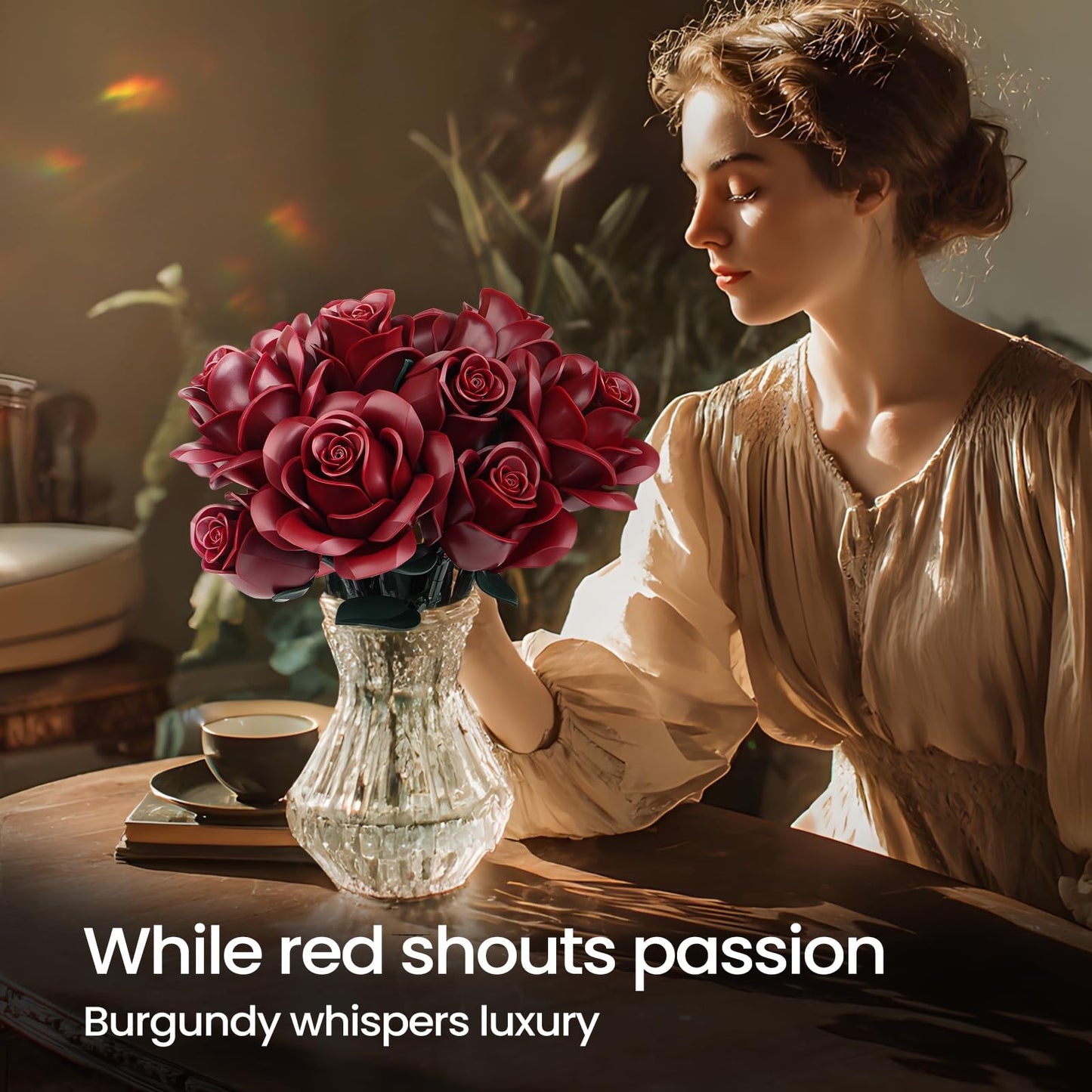 Botanicals Bouquet of Burgundy Red Rose Artificial Flowers Building Set,Compatible with Lego,Fake Flowers for Adults Women,Gift for Christmas Halloween Valentines Artificial Plant Gothic Home Decor