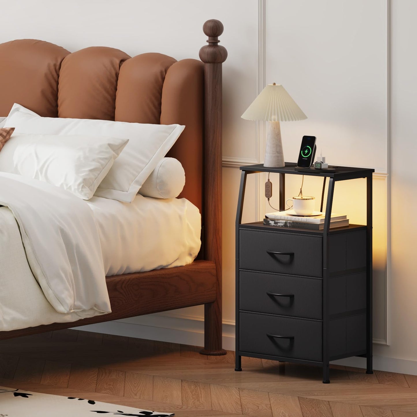 Somdot Nightstand with Charging Station and LED Light for Bedroom, Tall 3 Drawers Dresser with Fabric Bins for Bedside Dorm Kids Closet Laundry Entryway, Black