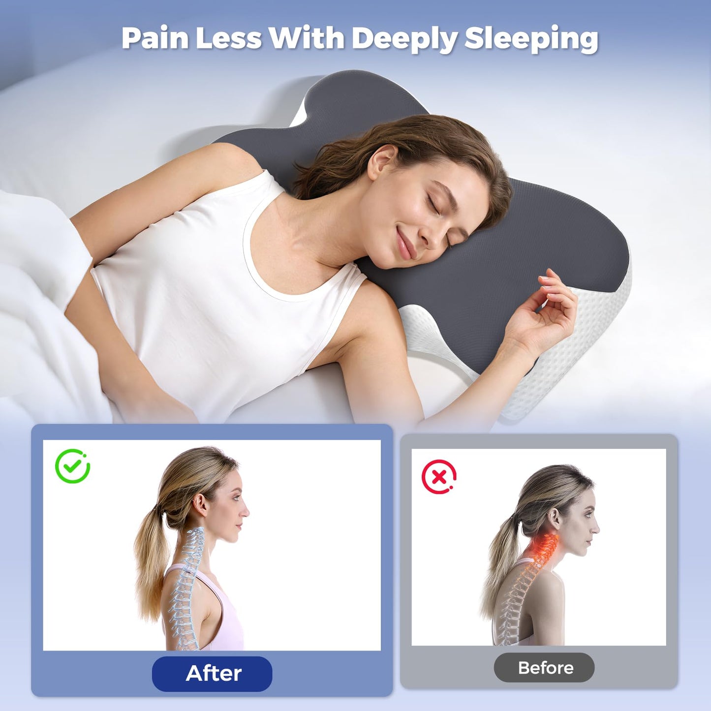 BNXIANG Cervical Neck Pillow for Pain Relief, Ergonomic Neck Support Pillow for Sleeping, Contour Orthopedic Side Sleeper Pillow for Back Stomach Sleepers Bed Pillow,Memory Foam Pillow