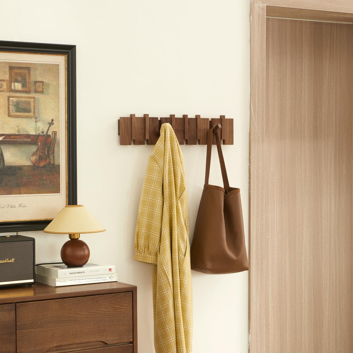 Wood Coat Rack Wall Mount, QUELLANCE Walnut Wall Coat Rack with 8 Hooks for Bathrooms&Door&Entryway, Wall Hooks for Hanging Coats/Keys/Hats/Robe&Towels/Plants/Backpaks