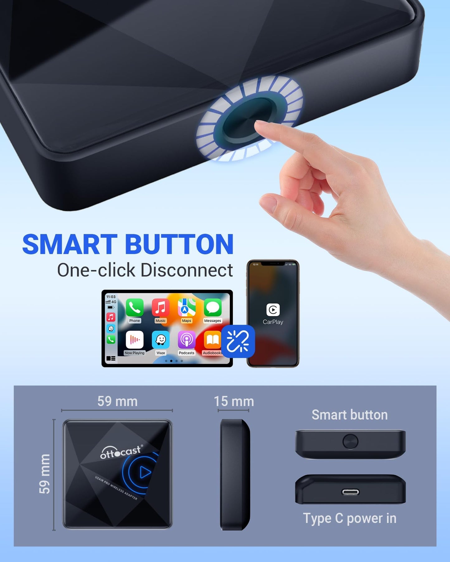 OTTOCAST U2Air Pro Wireless CarPlay Adapter for iphone - 2024 Newest Version Wired to Wireless CarPlay Dongle - Dual-band WiFi, Low Latency, Online Update, Plug Play for Factory OEM Wired CarPlay Cars