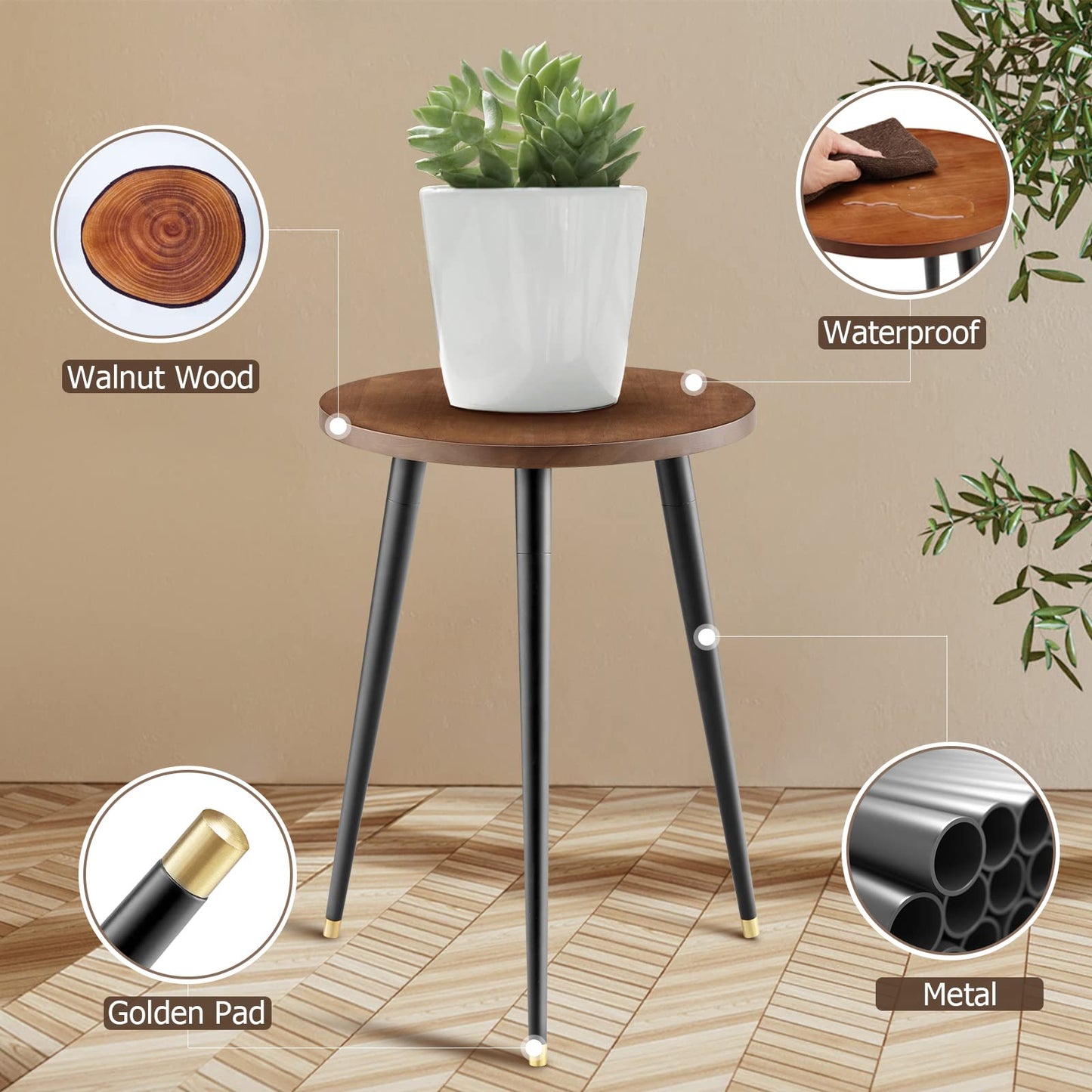 KINNARY Plant Stand Indoor, Mid Century Wood Plant Stand Plant Table for Flower Pots, Heavy Duty Metal Tall Plant Holder, Modern Home Decor Small Round Side End Table (11.8"x16")