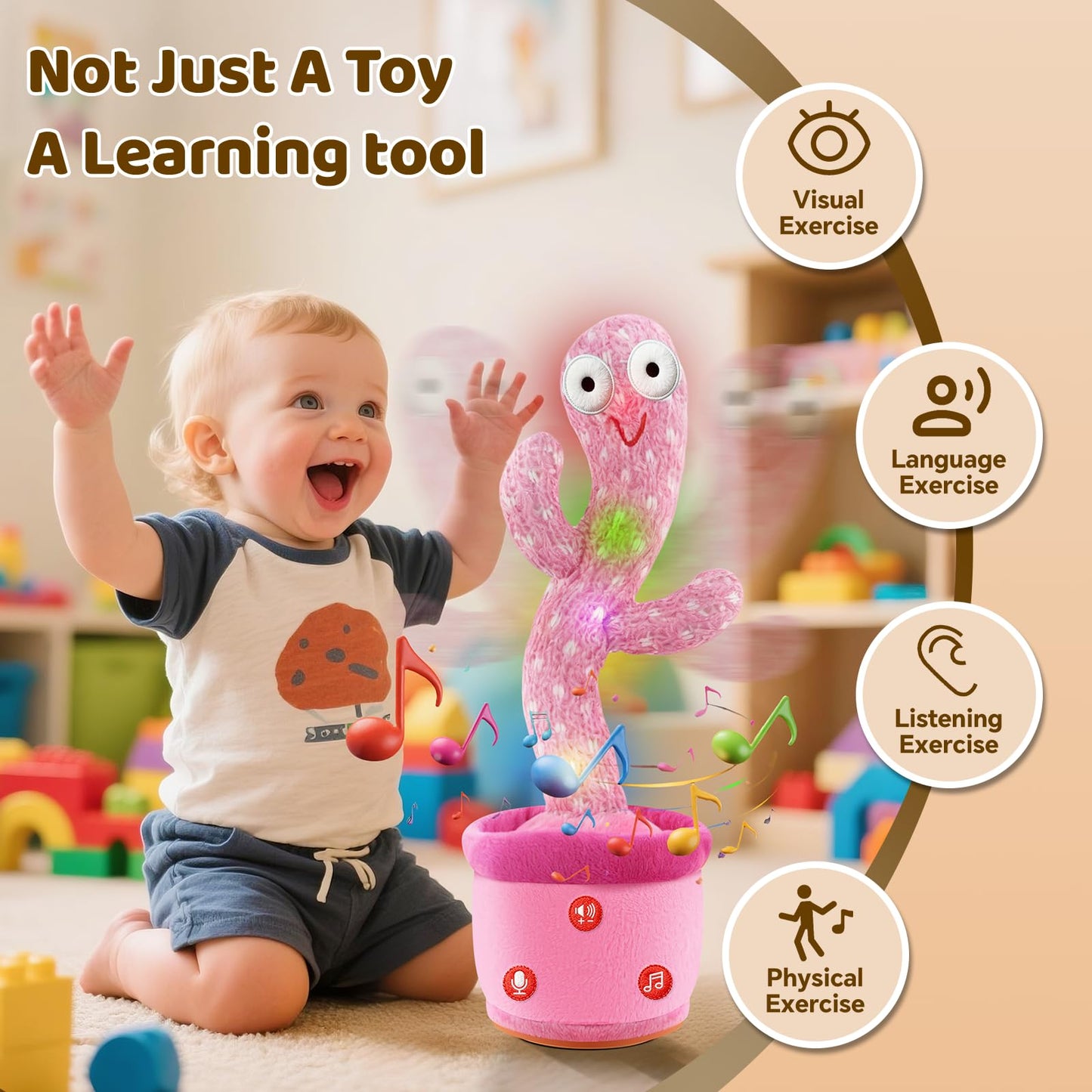 SANJOIN Rechargeable Dancing Talking Cactus Toy for Toddlers 18 Months+, Baby Girl Toys with Volume Adjustable, Mimicking, Recording and Singing, Baby Girl Gifts, Easter Basket Stuffers for Girls Boys