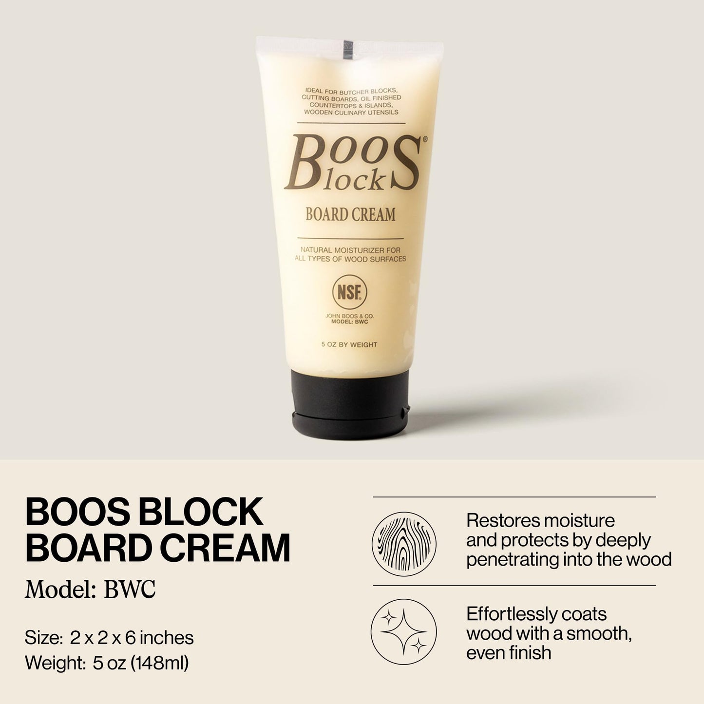 John Boos 5 oz Board Cream with Beeswax and Mineral Oil for Wood Surface Care – All-Natural Conditioner & Sealer for Butcher Blocks, Wooden Cutting Boards, Countertops, and Utensils