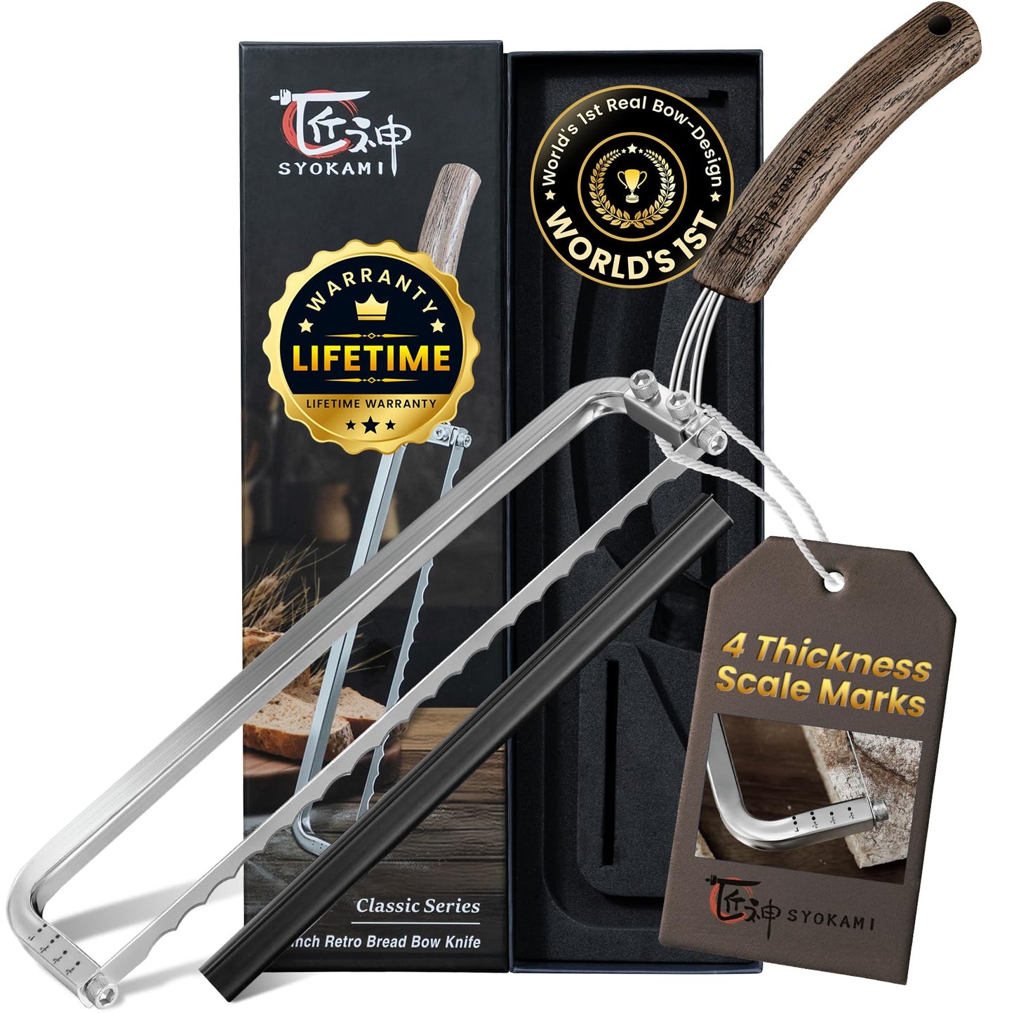 SYOKAMI 2026 Upgrade Bread Knife for Homemade Bread, World's 1st Real Bow-Design Sourdough Bread Slicer, Razor-Sharp Cutter for Crusty Sourdough & Baguette, 4 Thickness Scale Marks, Ideal for Gift
