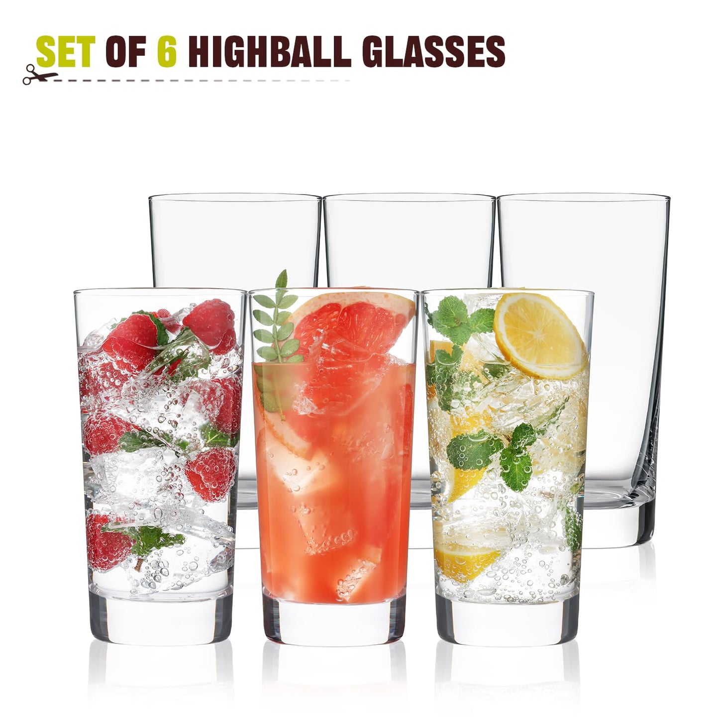 Highball Glasses Set of 6, 13oz Tall Drinking Glasses, Water Glass for Kitchen, Tom Collins Glasses, Mojito Glass Cups, Cocktail Glasses for Bar Glassware