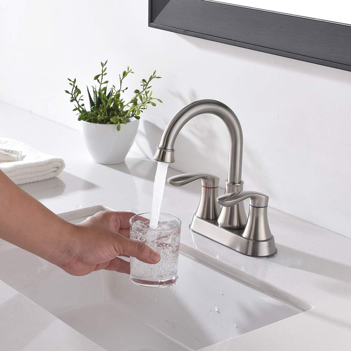 Centerset Modern Commercial 2-Handle Brushed Nickel Bathroom Faucet, 4 inch RV Bathroom Sink Faucet 3 Hole Bath Vanity Faucets with Drain Stopper and Water Hoses