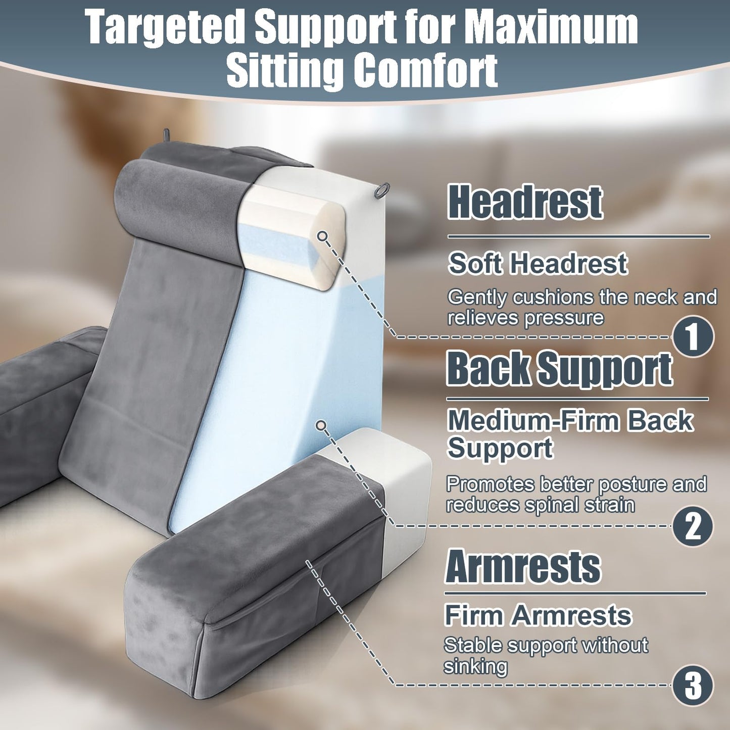 19" Reading Pillow for Bed Adult, Backrest Support Pillow for Bed, Sofa, Floor, Comfortable Back and Neck Support with Side Pocket, Removable & Washable, Ideal for Reading, Watching TV & Laptop Use