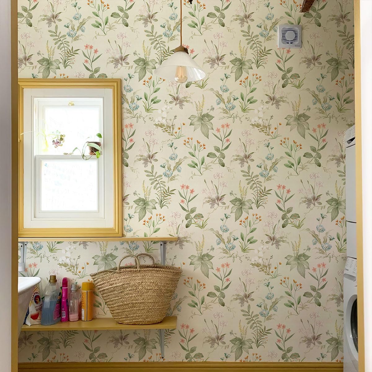 GaliGali Floral Peel and Stick Wallpaper, Farm Floral Wallpaper, Wildwood Flower Self-Adhesive Wallpaper, Beige Floral Removable Contact Paper for Home Bedroom Kitchen Decor, 17.3"x393", CA.A00090C-10