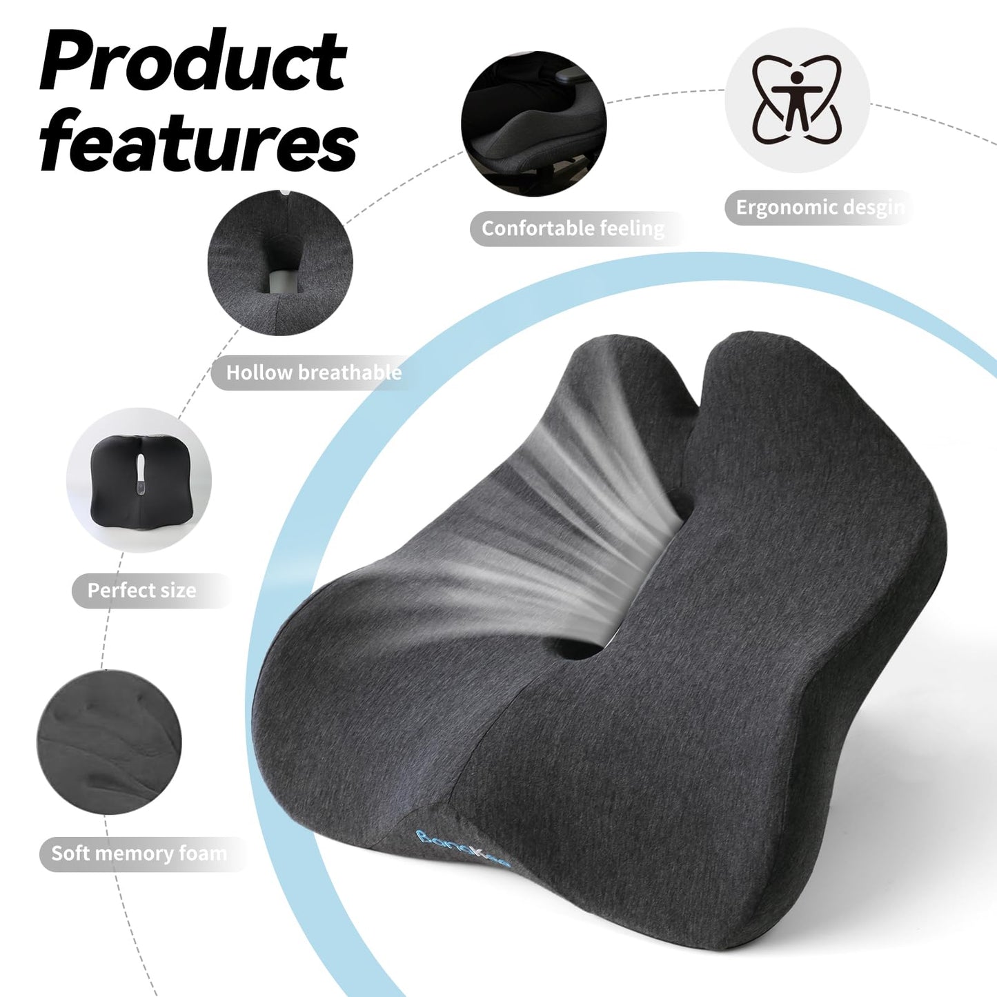18x16 Inch Black Memory Foam Seat Cushion for Office Chair, Car Seat, Airplane, Bleacher - Sciatica & Hip & Coccyx Pain Relief Desk Chairs Cushions for Long Sitting Peoples