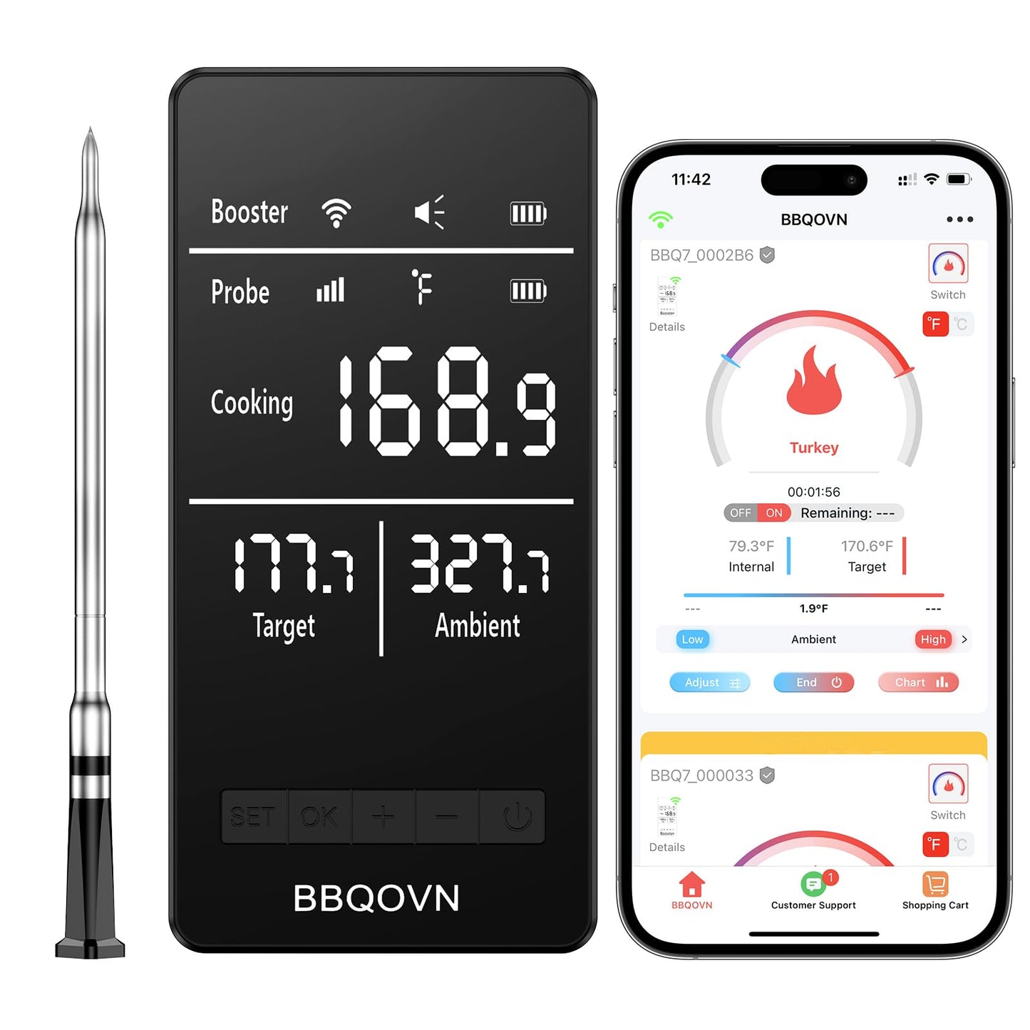 BBQOVN WiFi Sub-1g Wireless Meat Thermometer Unlimited Range, Check Temp Anywhere,7 NIST Certified Sensors with Ambient Temp Smart Digital Base,Monitor for BBQ, Grill,Oven, Smoker. (1, Black, Small)