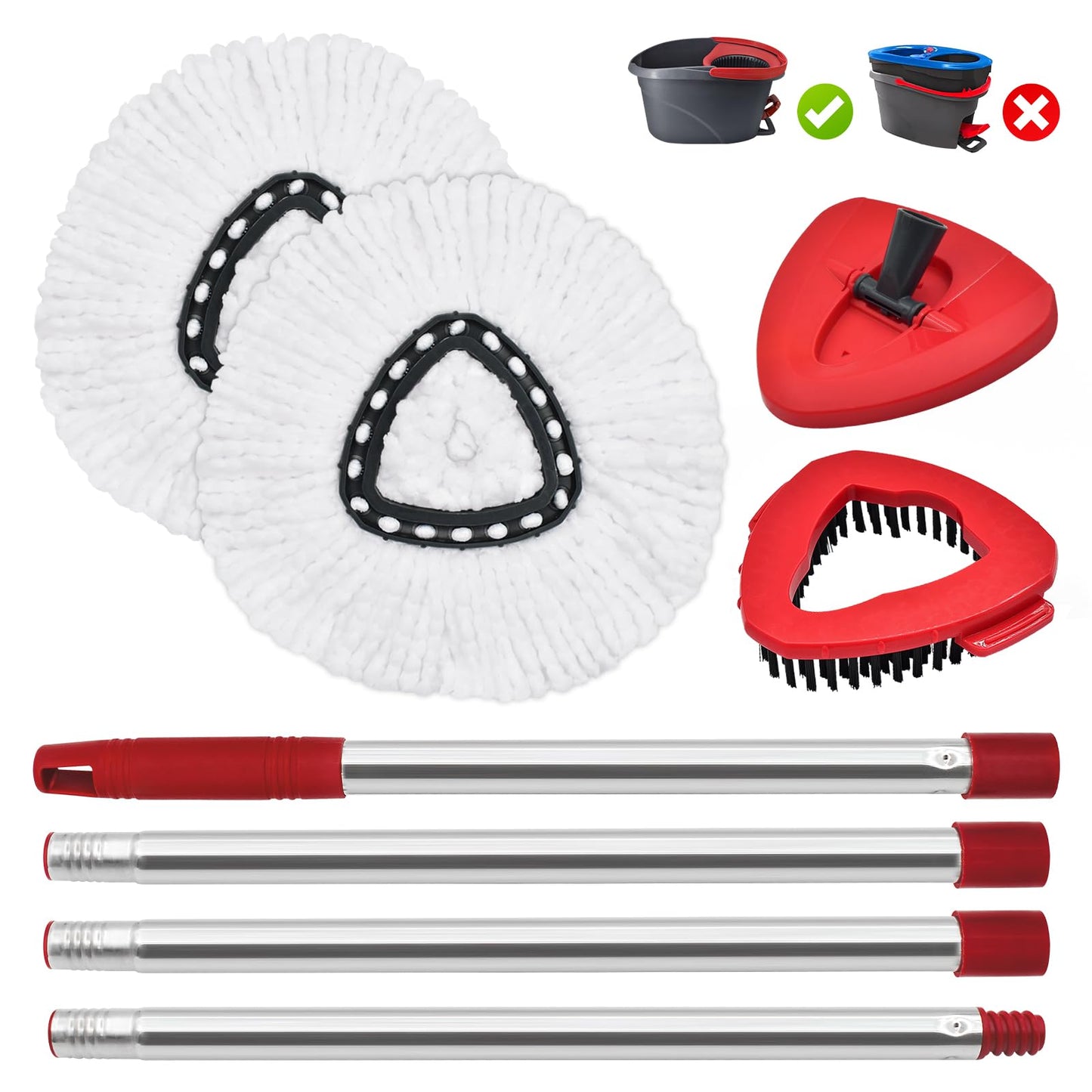 Spin Mop Handle Replacement for Vileda, Mop Heads Compatible with Vileda EasyWring Spin Mops & Bucket 1-Tank, Include 4-Section Handle, 2 Microfiber Head Refills,1 Scrub Brush, 1 Base