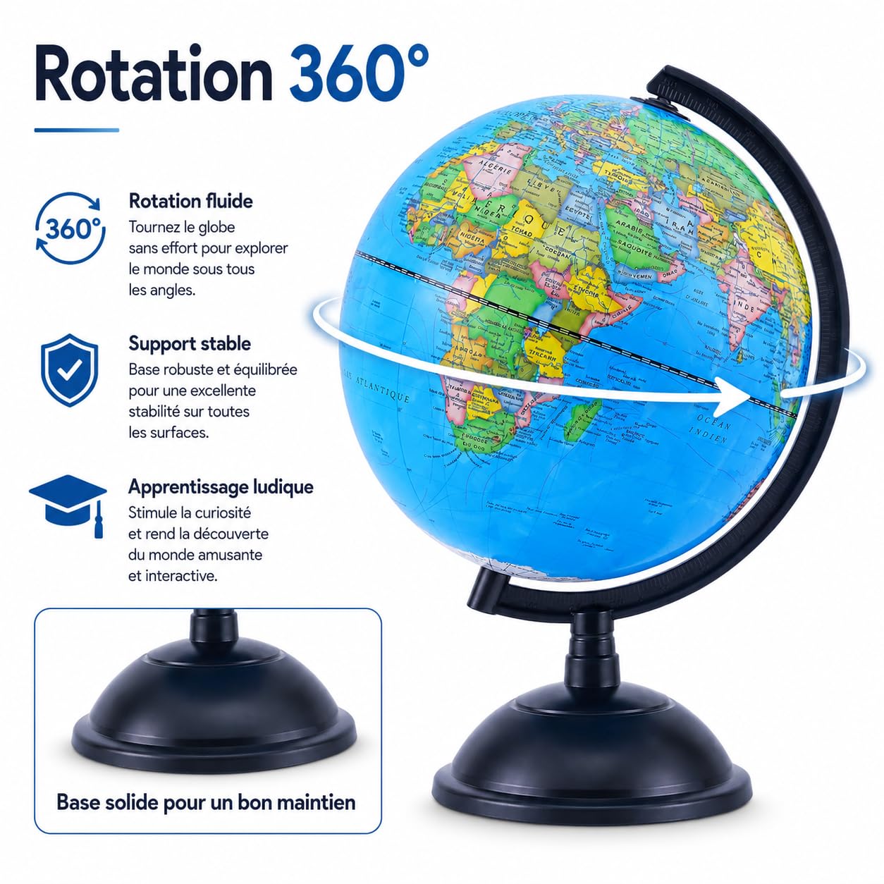Exerz 20cm Globe Terrestre - Carte en Français - 20cm World Globe in French - Garte politique/éducative/géographique
