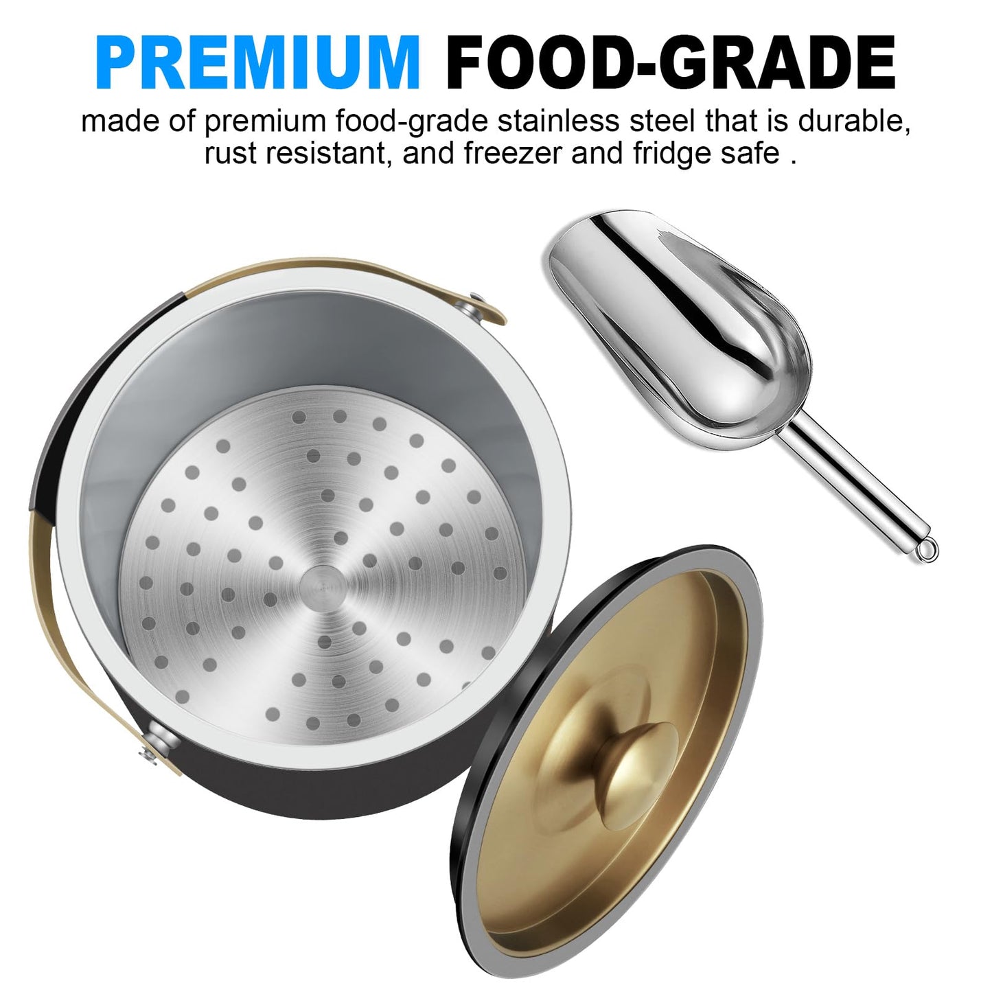 3.2L Modern Insulated Ice Bucket with Silicone Lid, Scoop, Strainer, Double Wall Stainless Steel Ice Bucket for Parties & Cocktail Bar,Ideal for Gift