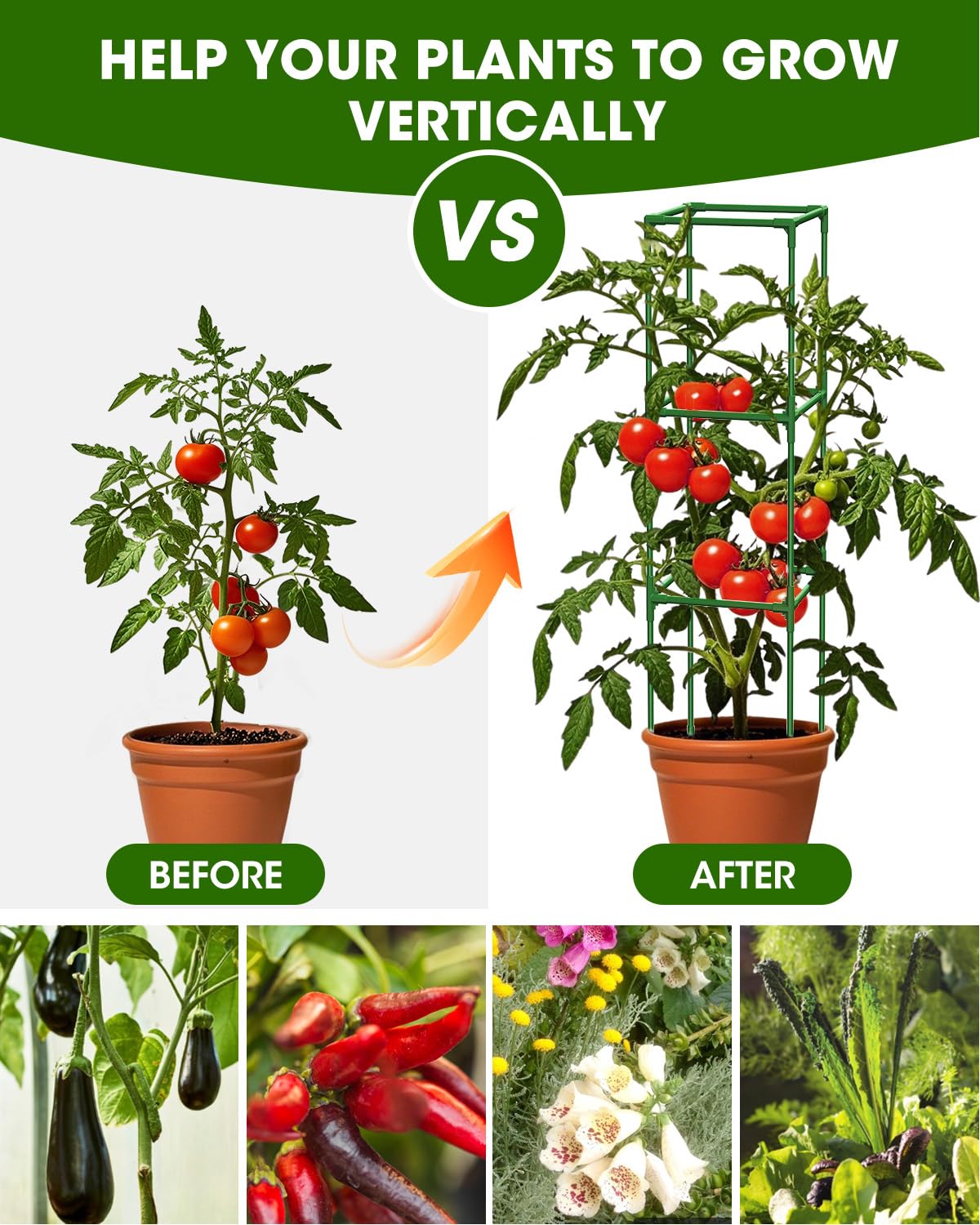 MYMULIKE Tomato Cage for Garden, 47.3 * 16.5 * 16.5in Extra Large Tomato Plant Support Stakes, 3 Pack Heavy Duty Garden Plant Trellis for Climbing Vegetables Flowers Fruits with 10 PCS Clips