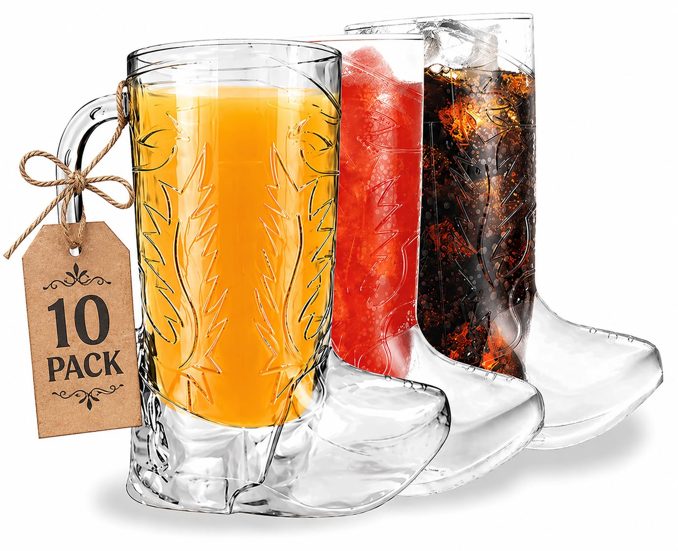 4E's Novelty 10Pcs Cowboy Boot Mug Cups (10 Pack) 17 oz Reusable Hard Plastic, BPA Free - for Cowboy Themed Party Supplies, Western Accessories