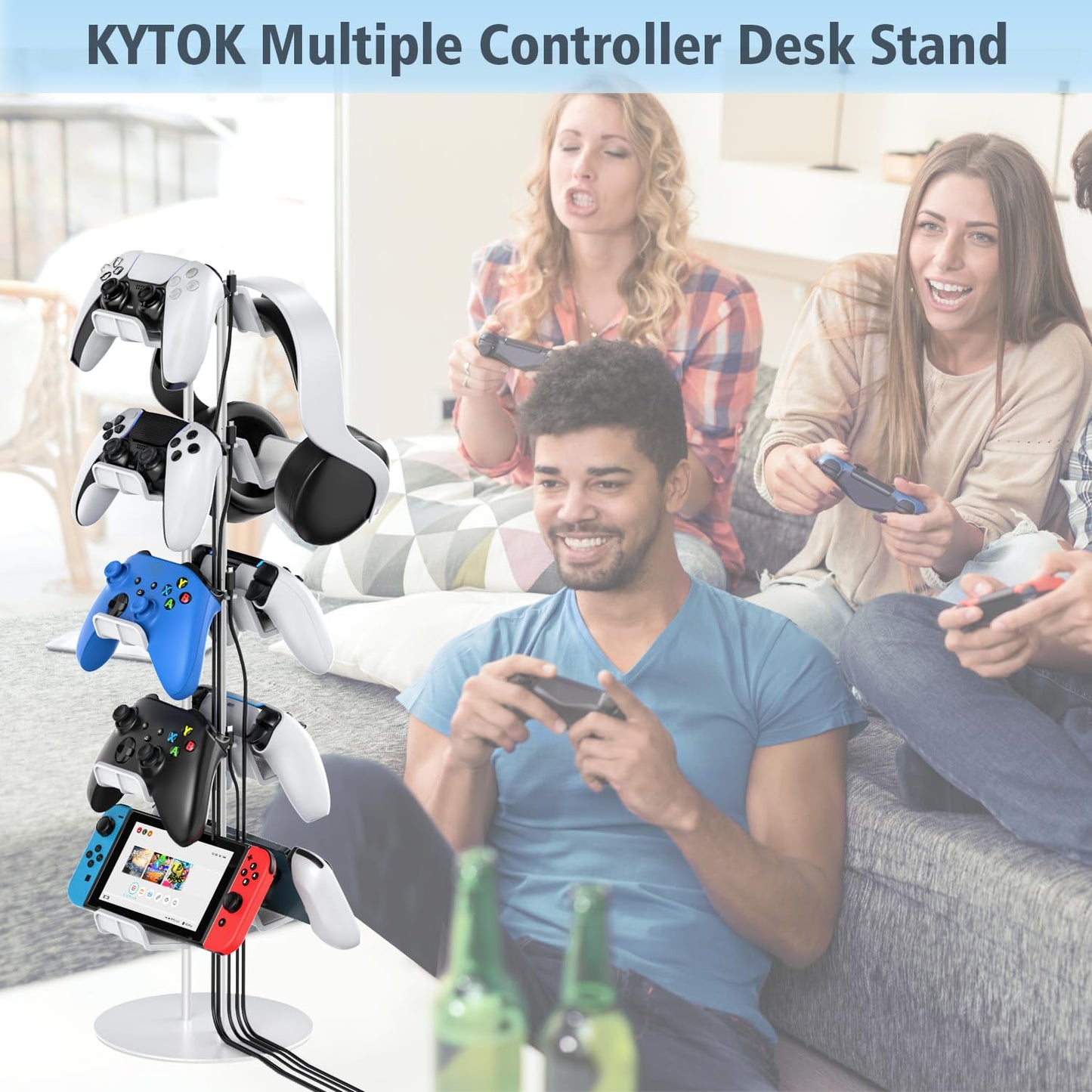 Kytok Gamer Gifts, Headset Stand 5 Tiers with Cable Organizer, Controller Stand Compatible with PS5/Xbox/Nintendo Switch/PS Portal/PS4, Headset Holder & Controller Holder for 10 Packs Controller