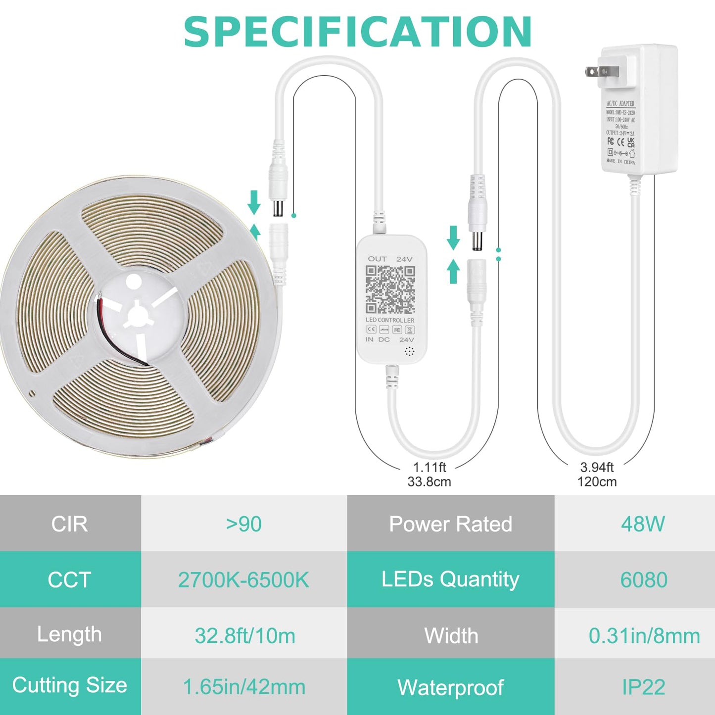 Wefomey COB LED Strip Light White, Dimmable 2700K-6500K High Density 6080LEDs 24V Flexible LED Tape Light with Remote and APP Control, for Under Cabinet Bedroom Kitchen DIY Lighting,1 Rolls of 10M