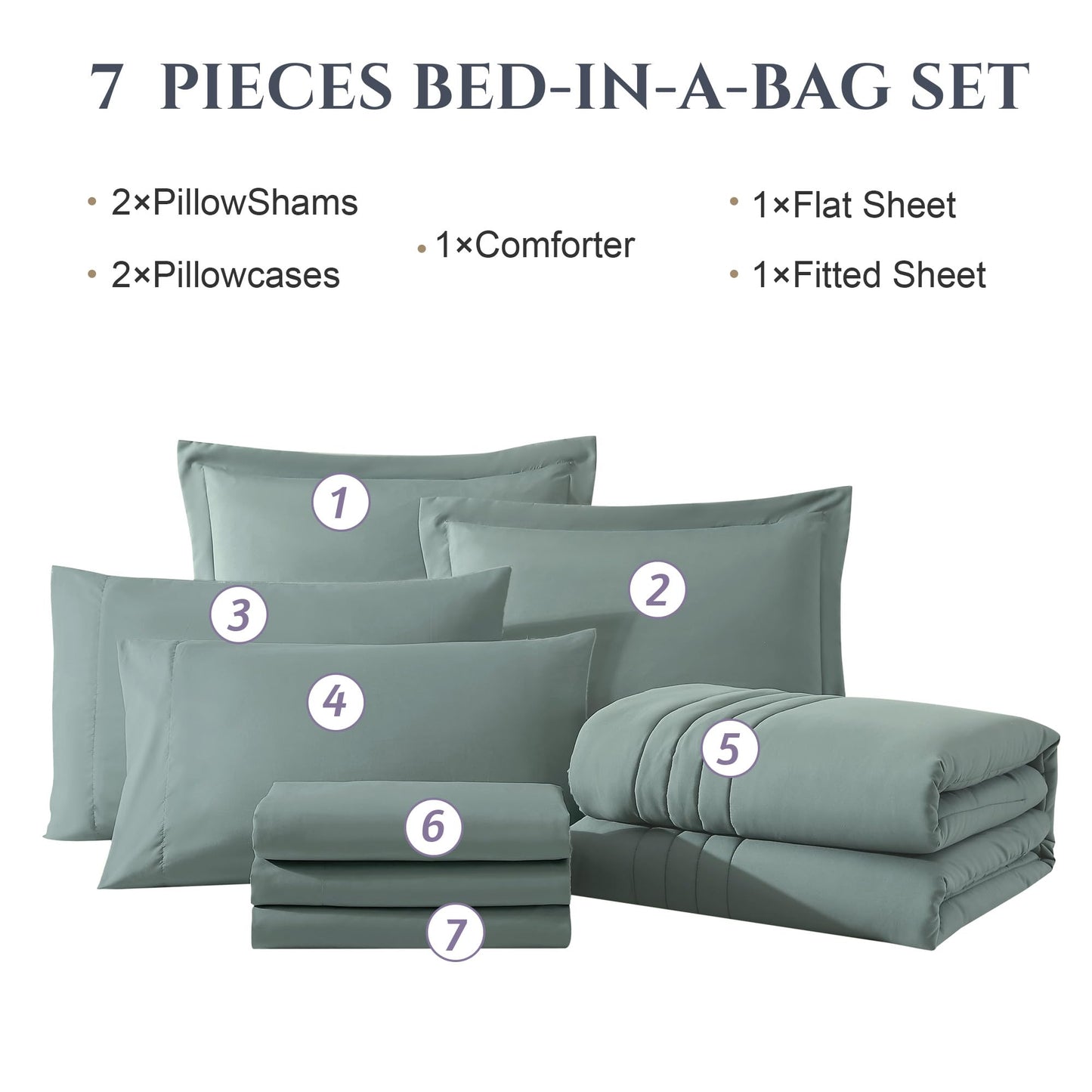Monbix Queen Comforter Set - 7 Pieces Sage Green Bed in a Bag Queen Bedding Sets with Comforters, All Seasons Down Alternative Comforter Bed Set with Sheets,Pillowcases & Shams