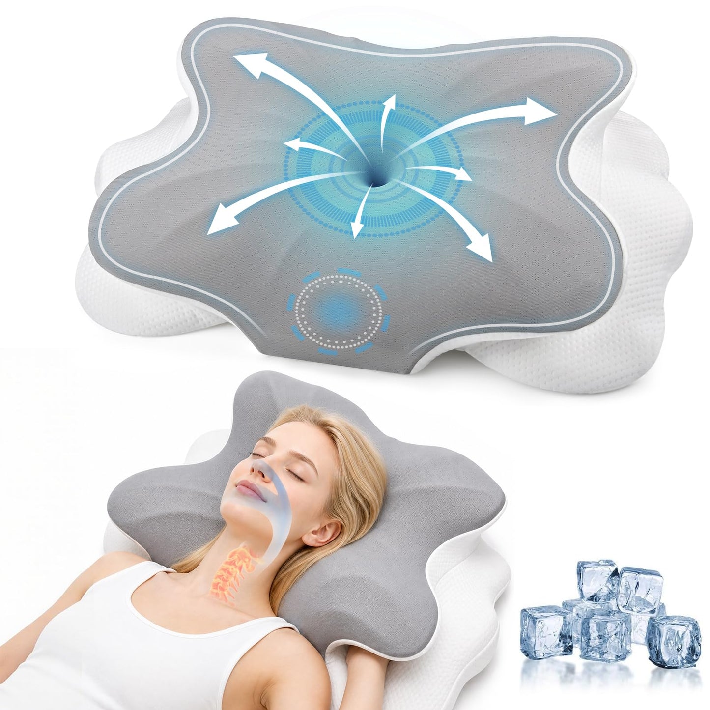 Uvellgift Cervical Neck Pillow, 2 Heights Neck Support Pillow for Neck Pain & Snoring Relief, Ergonomic Pillow for Side and Back Sleepers, Sleep Apnea Pillow with Breathable Ice Silk Cover (Grey)