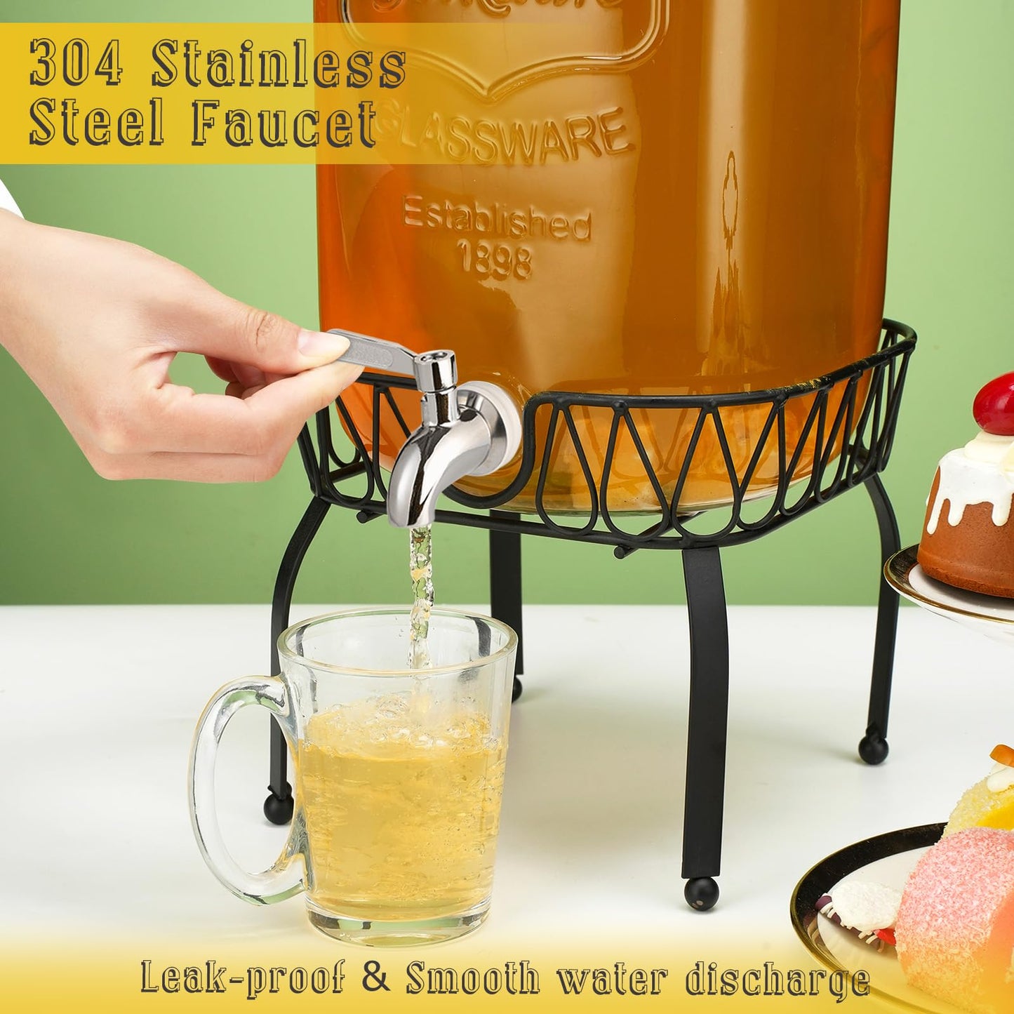 2 Gallon Glass Beverage Dispenser with Stand and Lid, Stainless Steel Leakproof Spigot- 100% Leakproof Glass Drink Dispensers for Parties, Weddings
