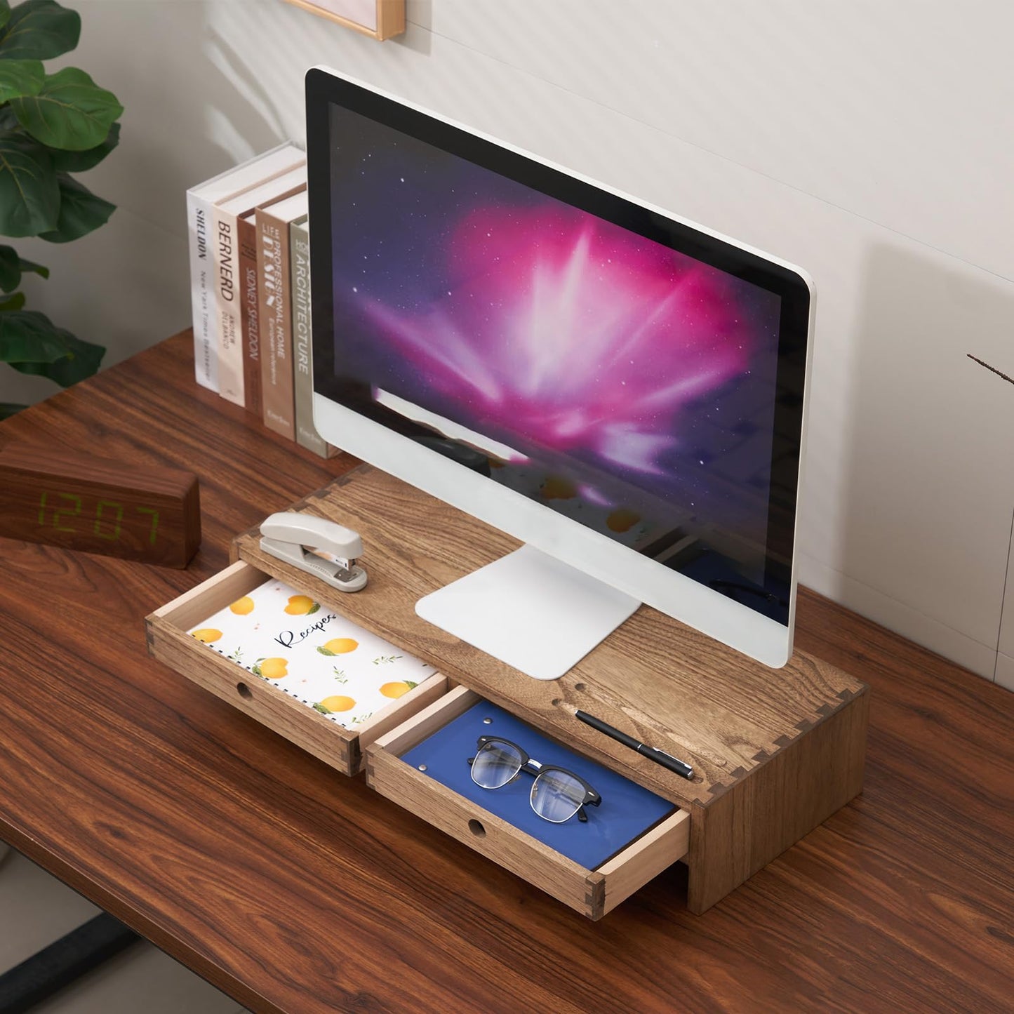 Kirigen Wood Monitor Stand with 2 Drawers - Computer Arm Riser Desk Storage Organizer,Speaker TV Laptop Printer Stand with Pen Slot and Cable Management,Dark Brown Desktop Shelf for Office DBR-2PMJ