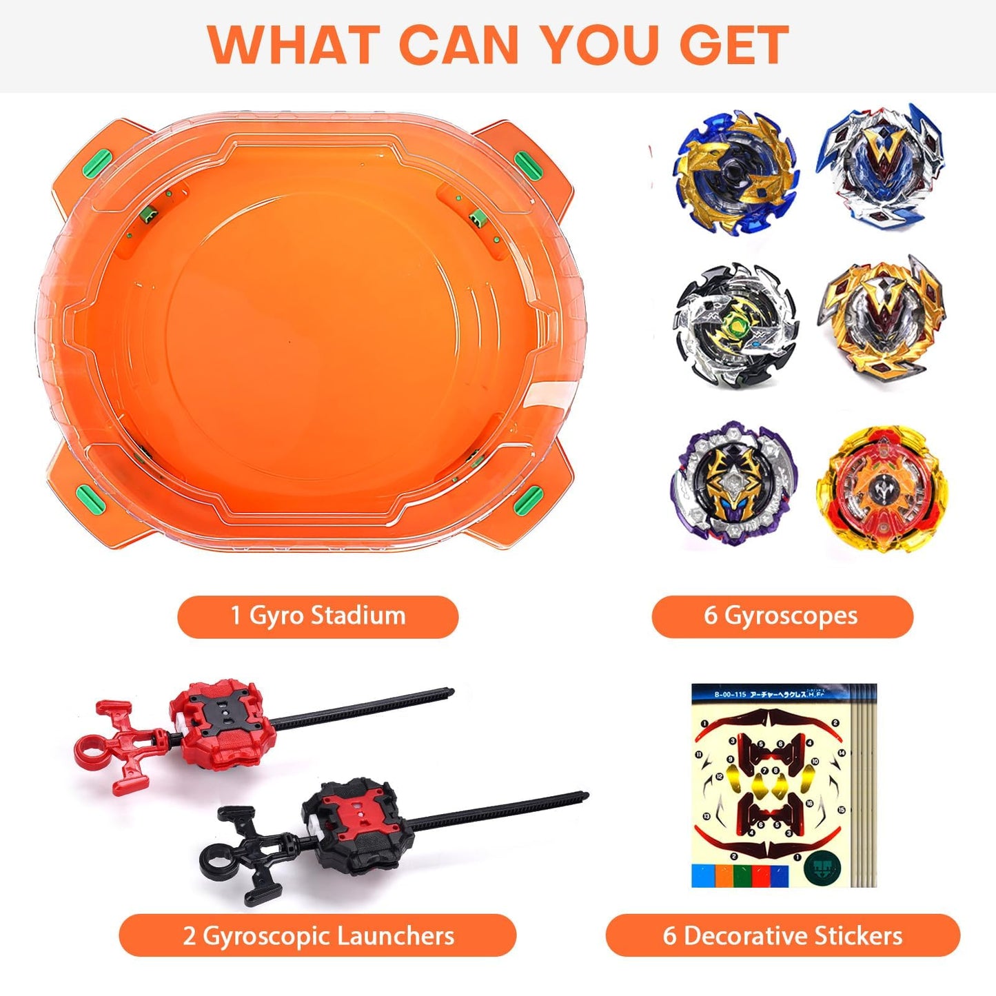 Burst Battling Top Toy, Stadium Set, 6 Spinning Tops, 2 Launchers and 1 Arena, Birthday Gift Boys Toys for 6+ Year Old (Orange)