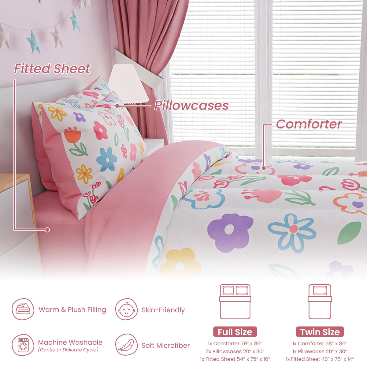 Floral Twin Bedding Sets for Girl, Ultra Soft Microfiber Comforter Bed Set with 3-Pieces, Flower Comforters Sets for Kids Children Girl Teen Tween Bedroom Décor
