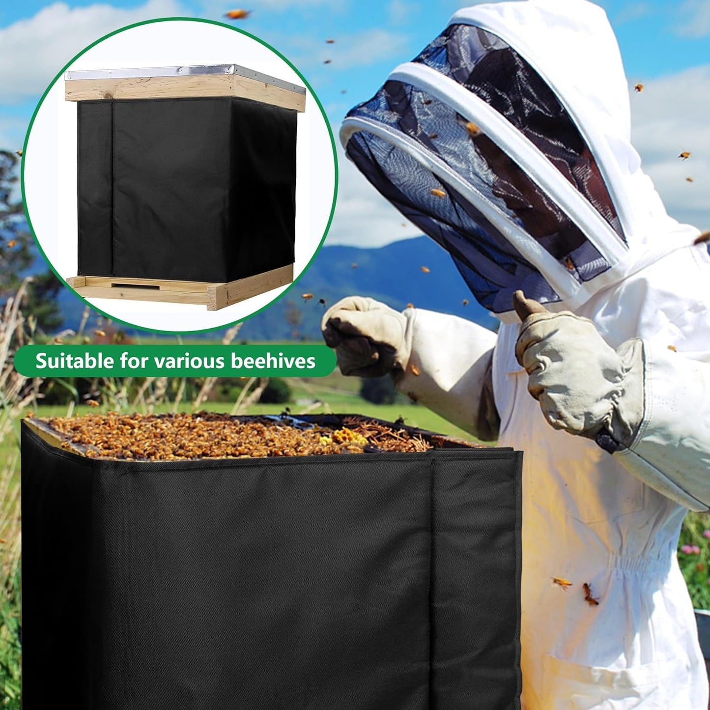 codree 10 Frame Winter Bee Hive Wrap- 1 Deep Box & 1 Medium Box 600D Oxford Beehive Winter Protection Cover- Cozy Windproof Warm Bee Hive Insulation Wrap for Most Bee Hive (85" x 17")