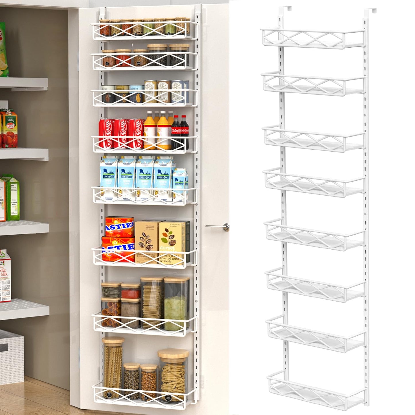 VyGrow Over The Door Pantry Organizer, 8-Tier Pantry Door Organizer Shelves | Adjustable Basket | Wood & Metal Hanging Spice Rack for Kitchen, Pantry, Cabinet, Back of Door Seasoning Rack, White
