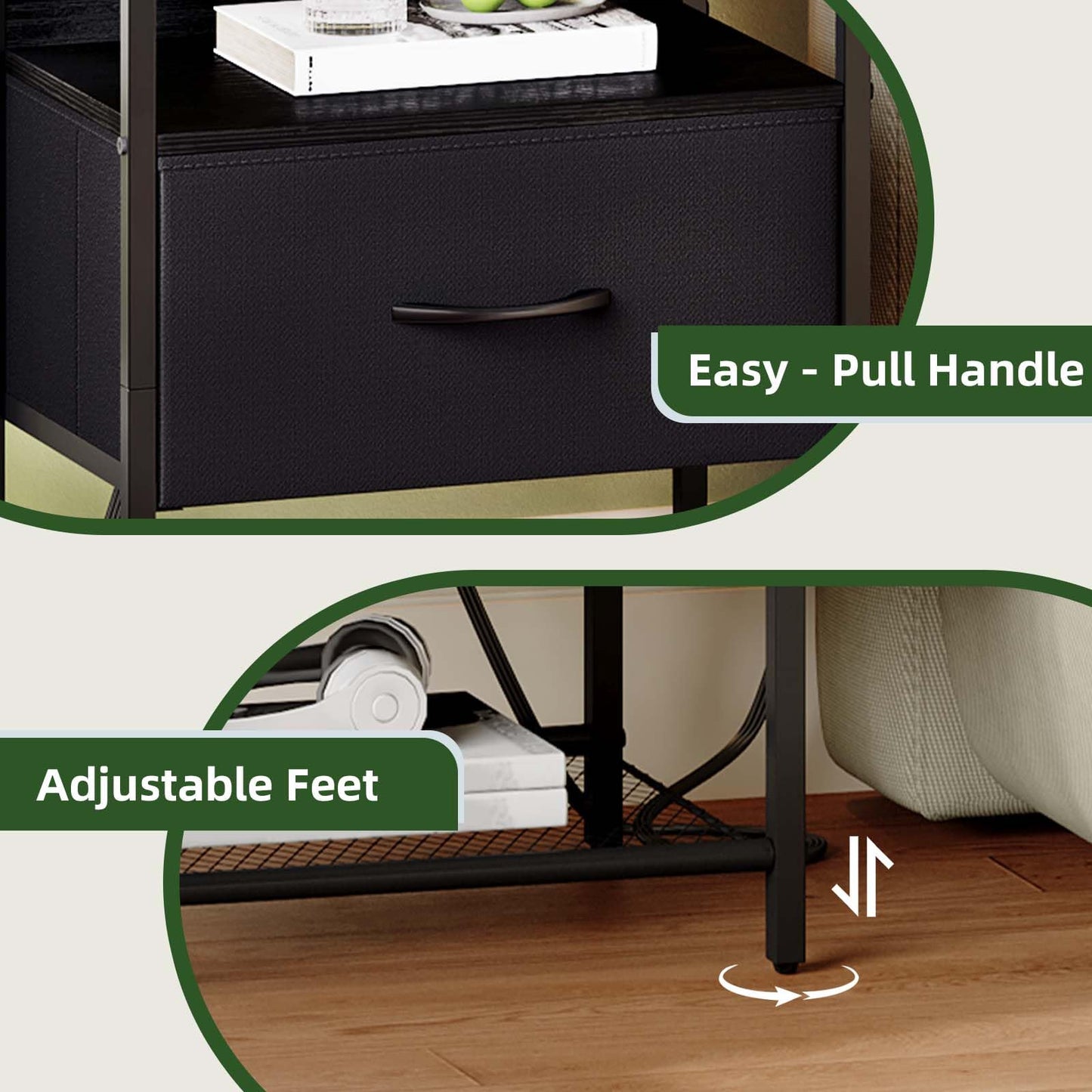 Somdot Nightstands with Charging Station, Bedside Table with LED Light for Bedroom, End Table with Drawer for Bedside, Closet Entryway Hallway, Black