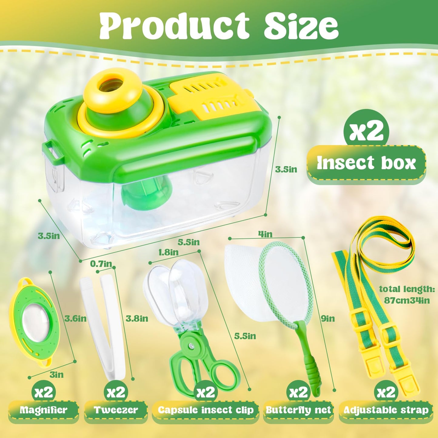 JYNTERPLAY 2 Pack Bug Catcher for Kids Insect Catching Kit 360° Rotating Viewing Angle with Butterfly Net Tweezer Magnifying Glass Clamp Outdoor Explorer Activities for Age 3-5 5-8 8-12