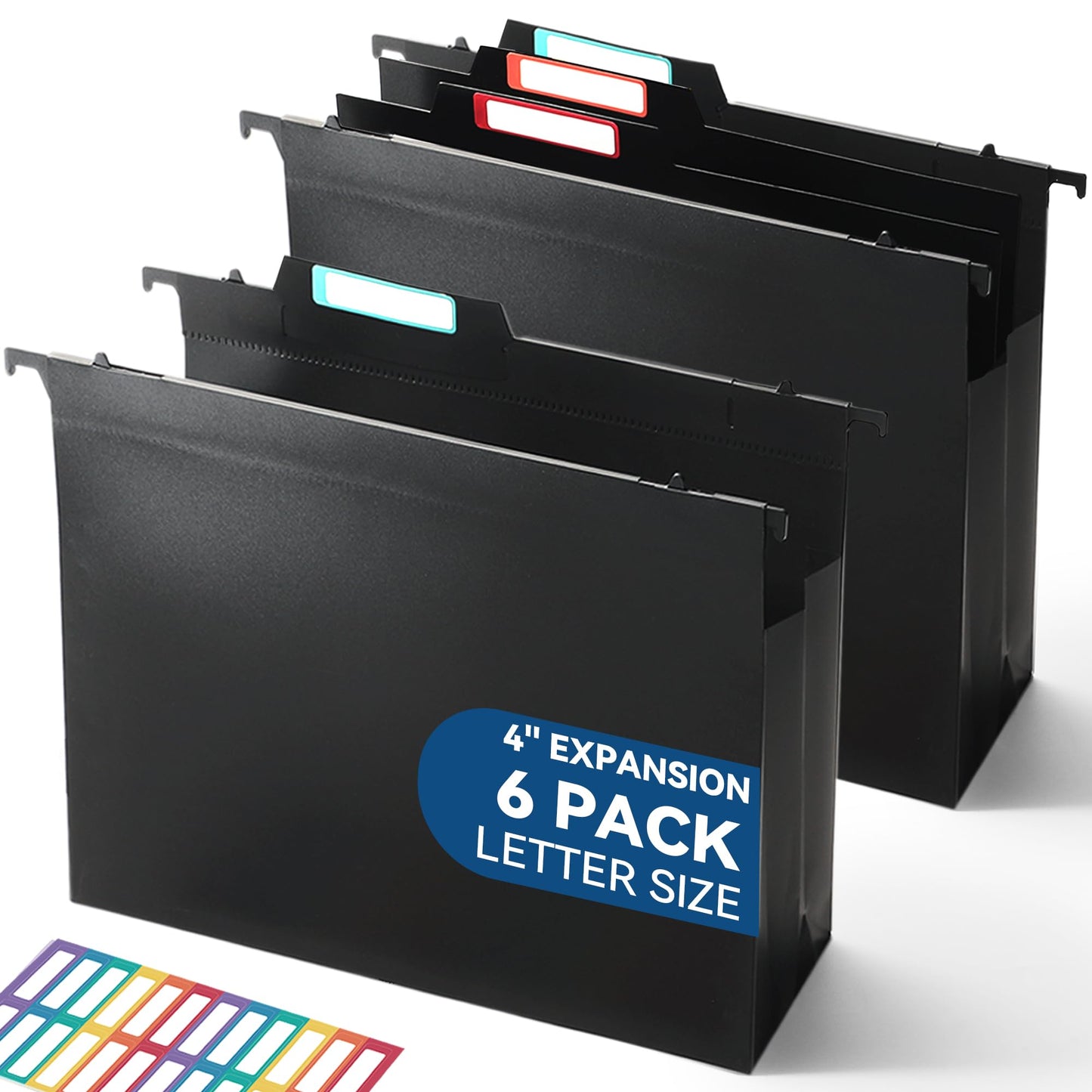 SortRax Plastic High Capacity Hanging File Folders, 4" Expanding Pocket with Movable Dividers, Heavy Duty for Filing Cabinet, Insertable Tabs, Letter Size - 6 Pack